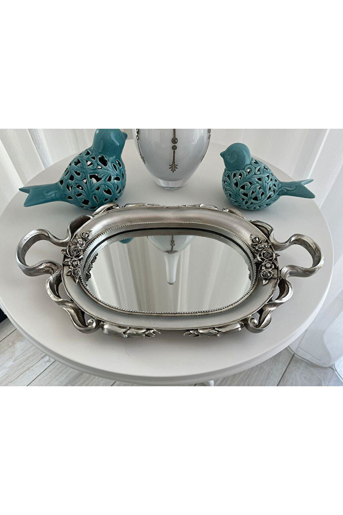 Şık Oymalı Hediyelik Aynalı Klasik Sunum Tepsi