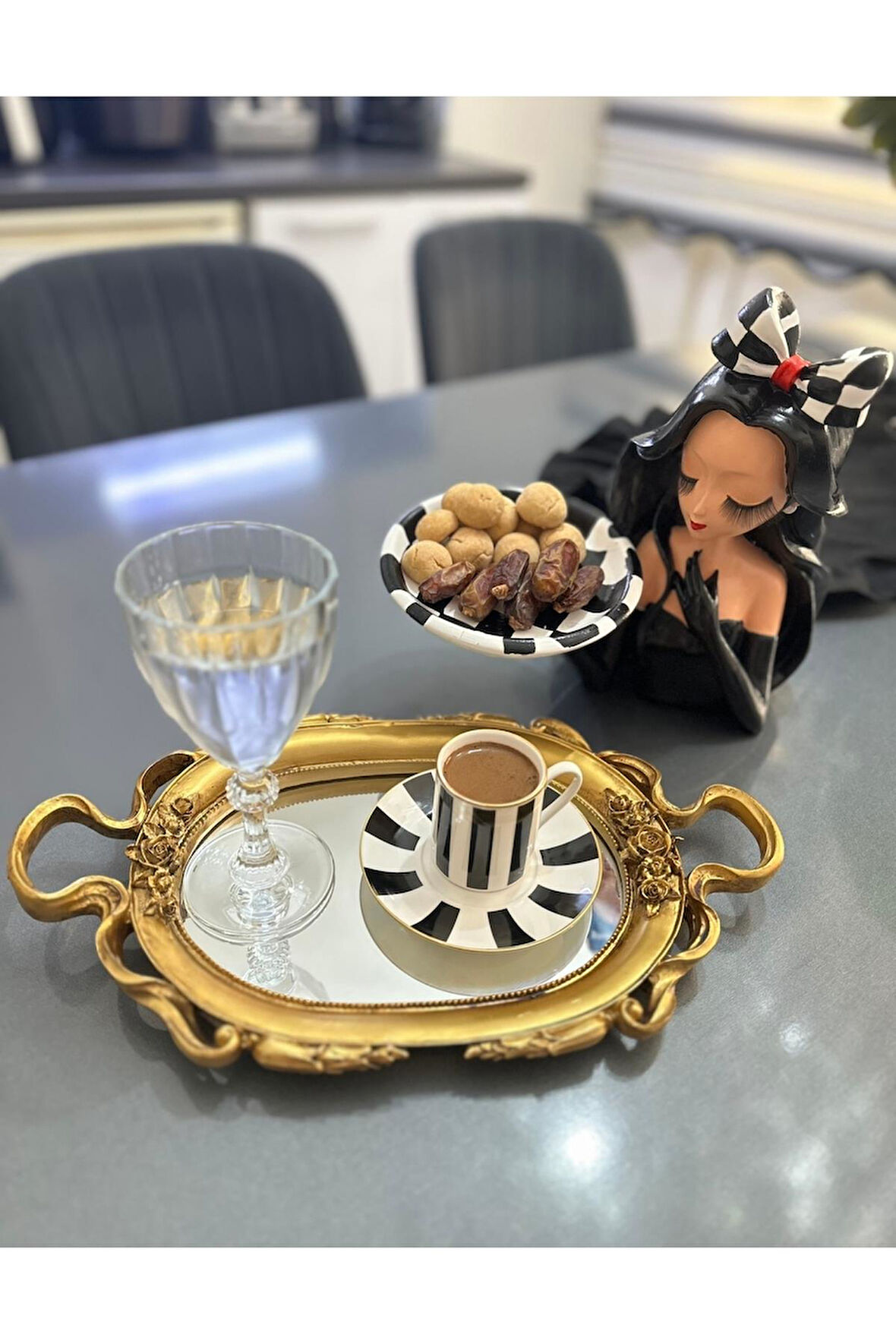 El yapımı kahve sunum tepsi 30cm , özel tasarım aynalı tepsi