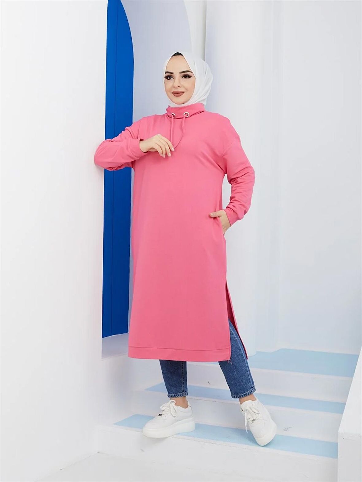 Yırtmaç Detaylı Bayan Sweatshirt - 3024 - Fuşya