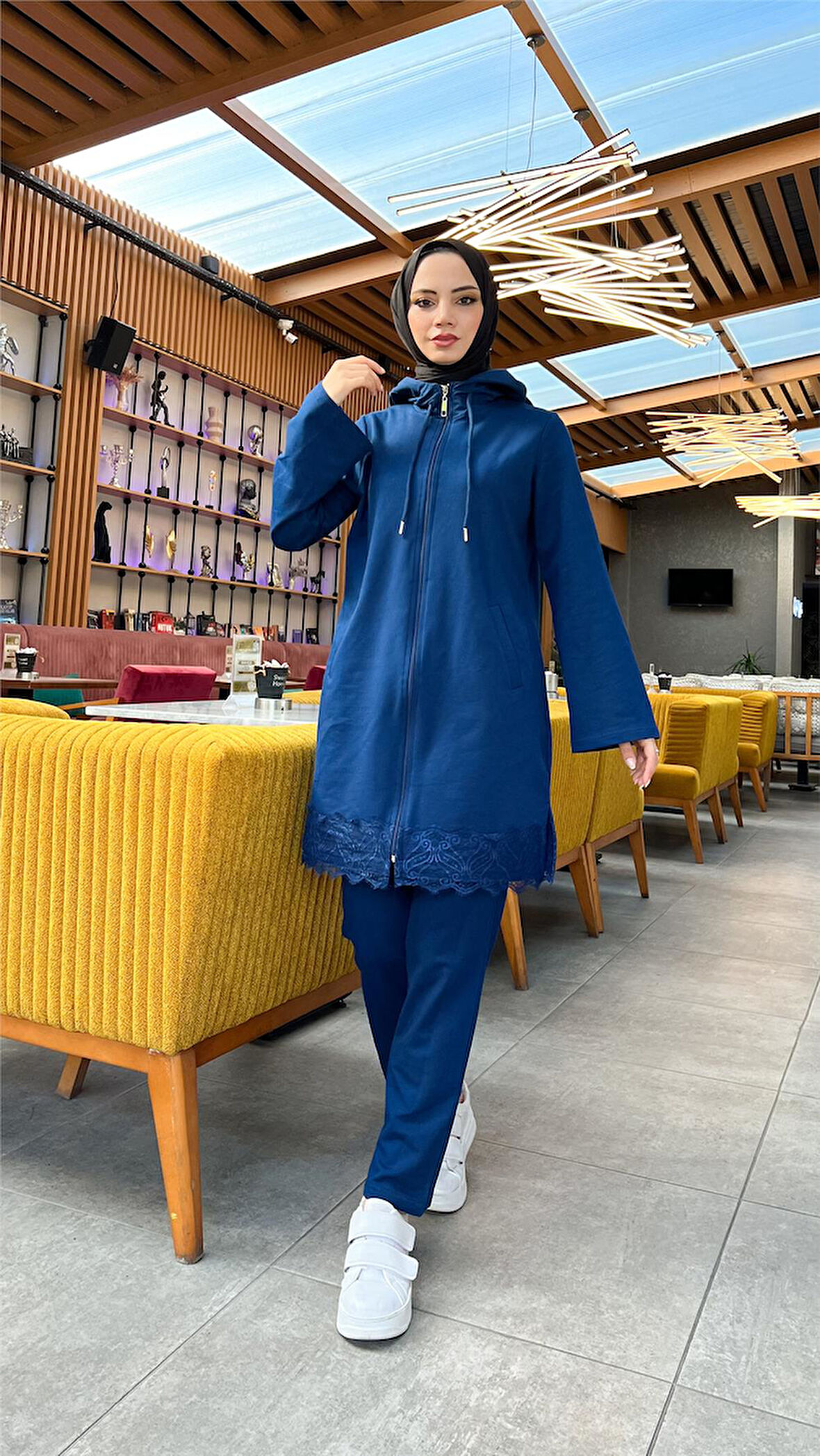 Fermuarlı Kapşonlu Dantel Desenli Tunik Pantolon İkili Spor Takım - 71158.006 - İndigo