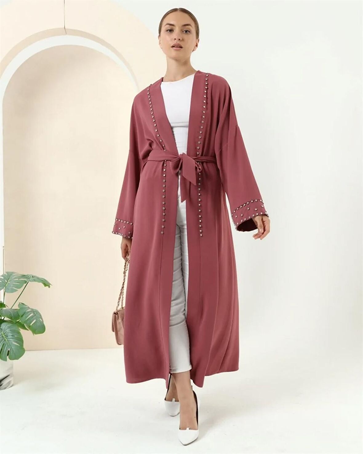 Taş Detaylı Kimono - 70039 - Gül Kurusu