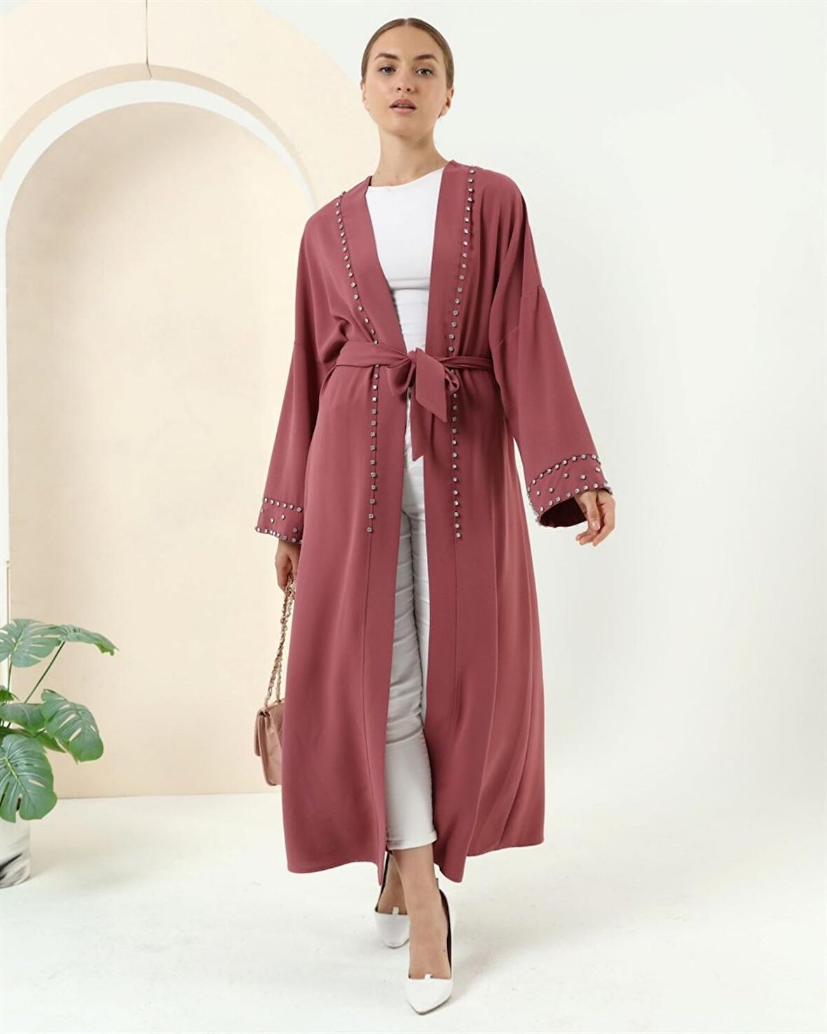 Taş Detaylı Kimono - 70039 - Gül Kurusu