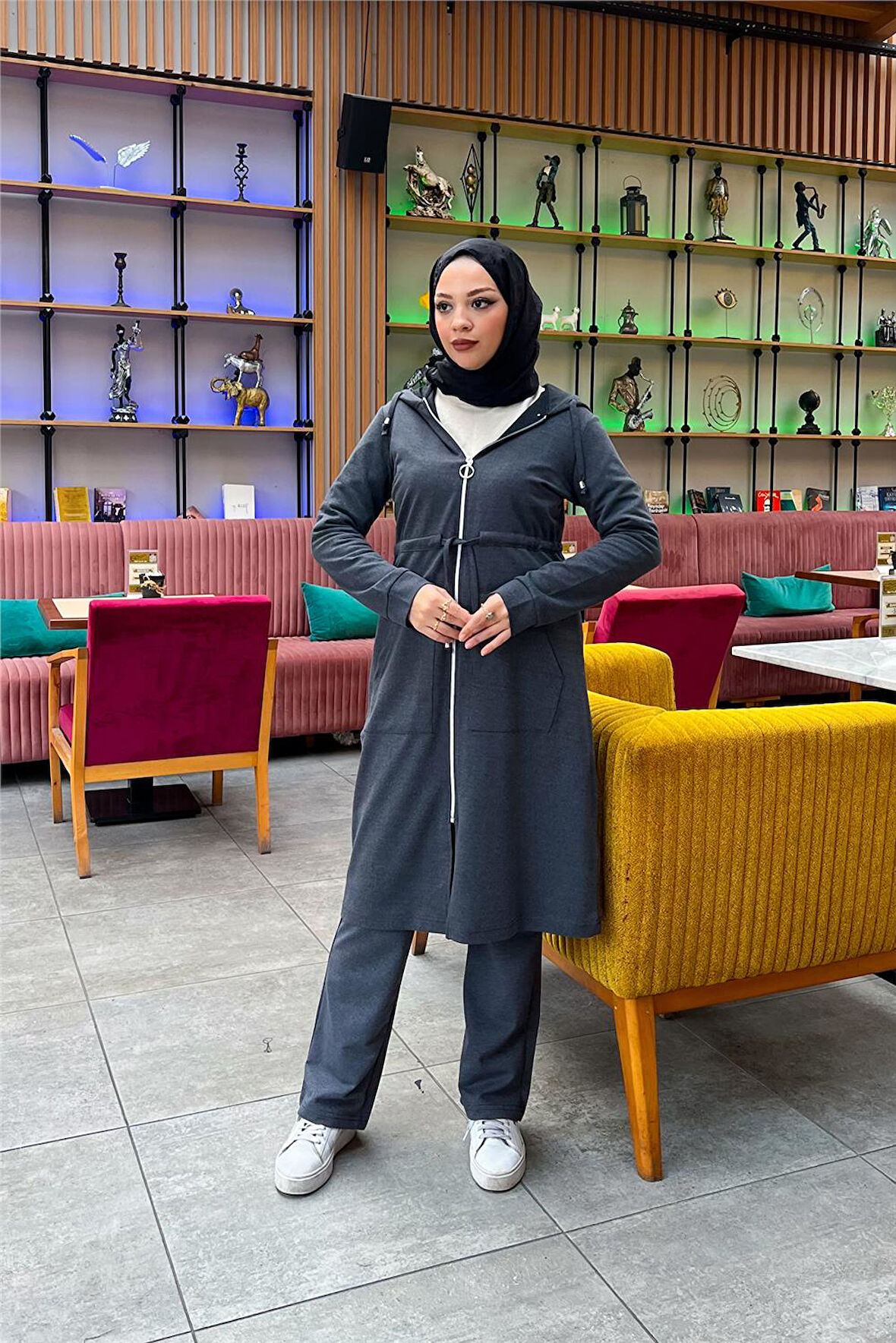 Kapşonlu Belden Bağlamalı Fermuarlı Sade Basic Uzun Tunik ve Pantolon İkili Spor Takım - 03065.017 - Antrasit