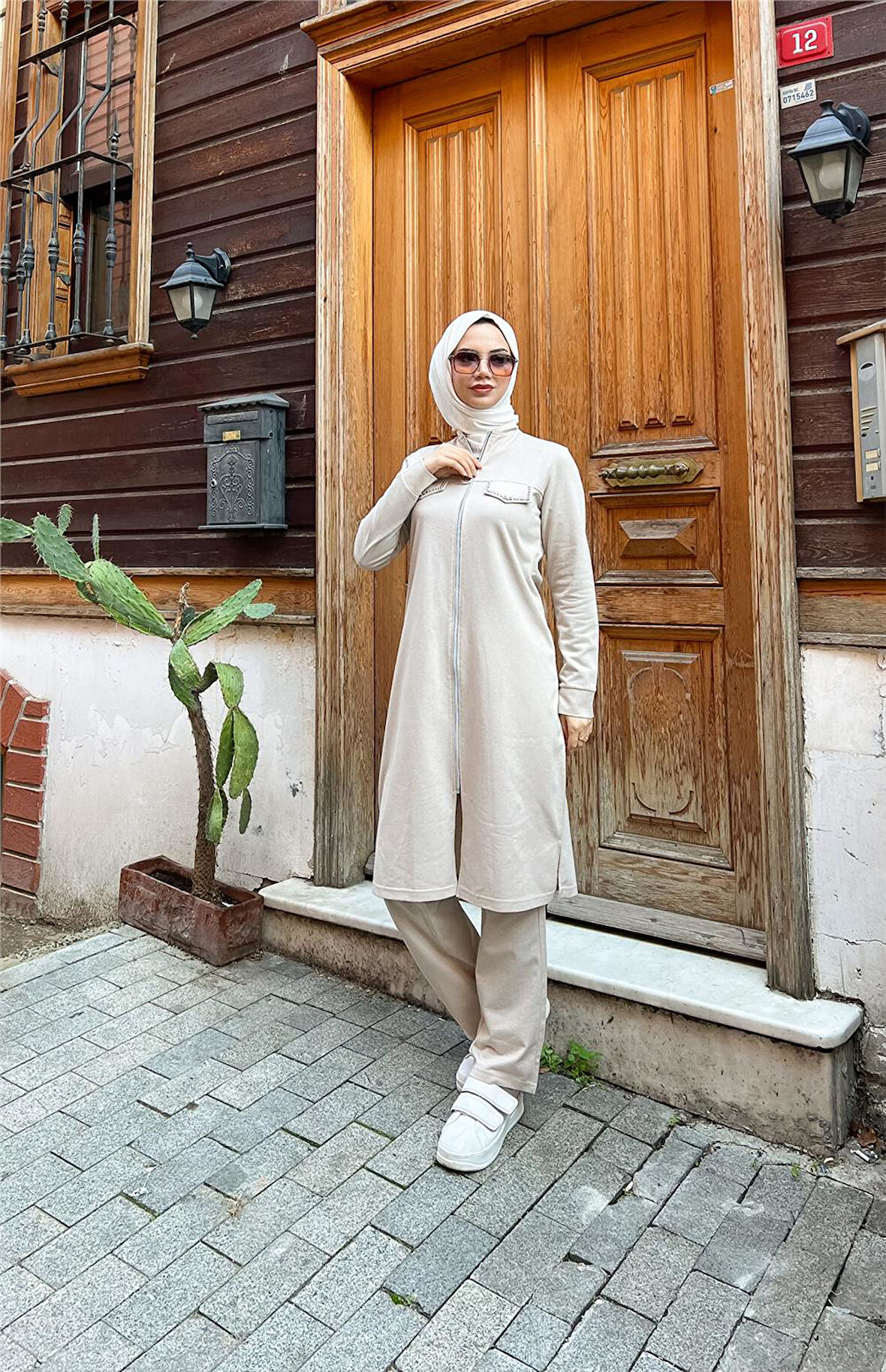 Fermuarlı Uzun Tunik Pantolon Spor İkili Takım - 03058.027 - Ekru