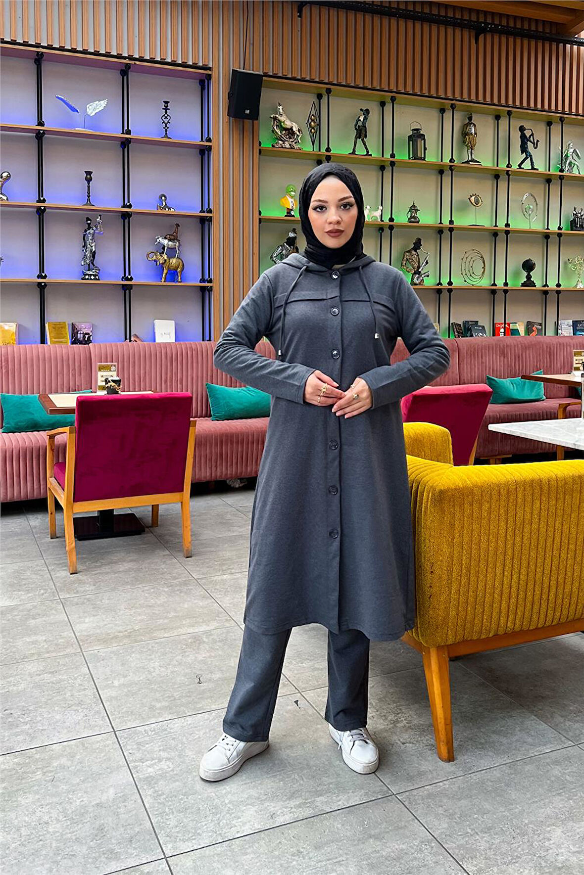 Kapşonlu Düğmeli Sade Basic Uzun Tunik ve Pantolon İkili Spor Takım - 03072.017 - Antrasit