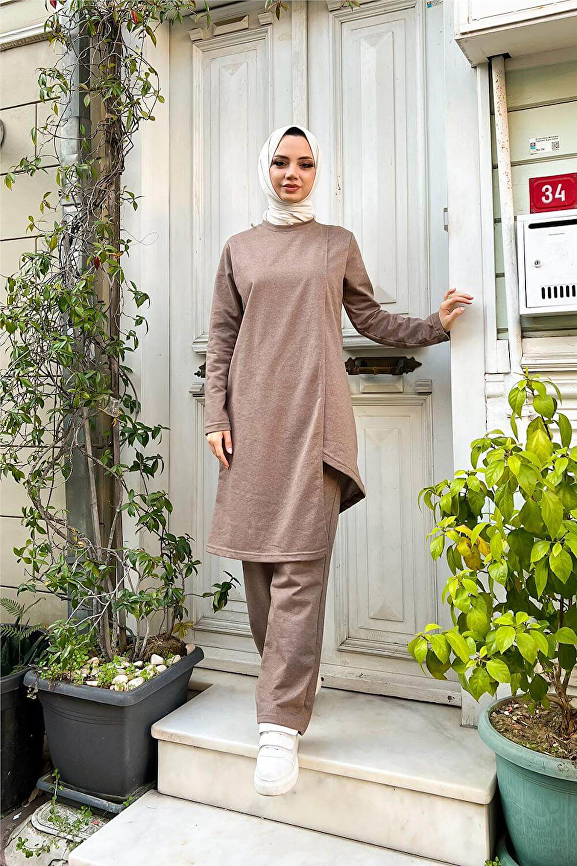 Kruvaze Bisiklet Yaka Sade Basic Tunik Panolon İkili Takım - 03076.016 - Vizon