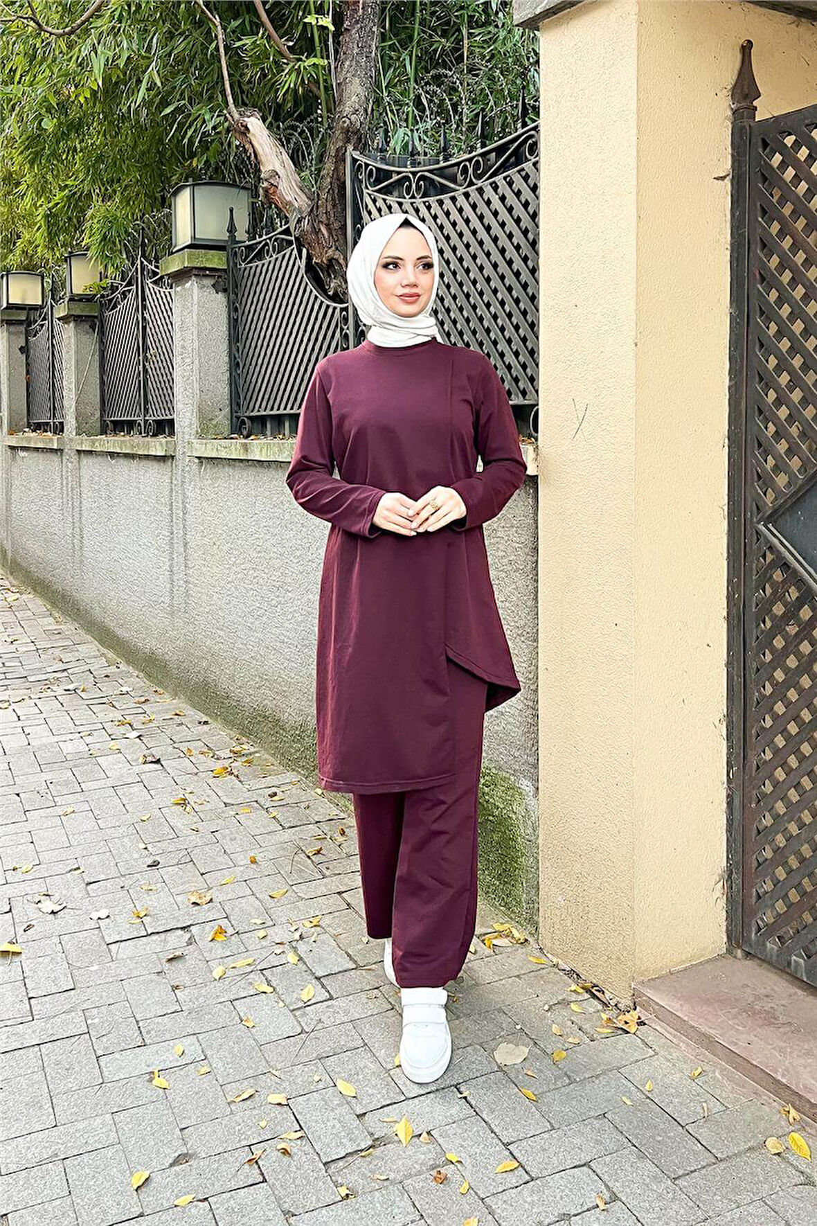 Kruvaze Bisiklet Yaka Sade Basic Tunik Panolon İkili Takım - 03076.020 - Mürdüm