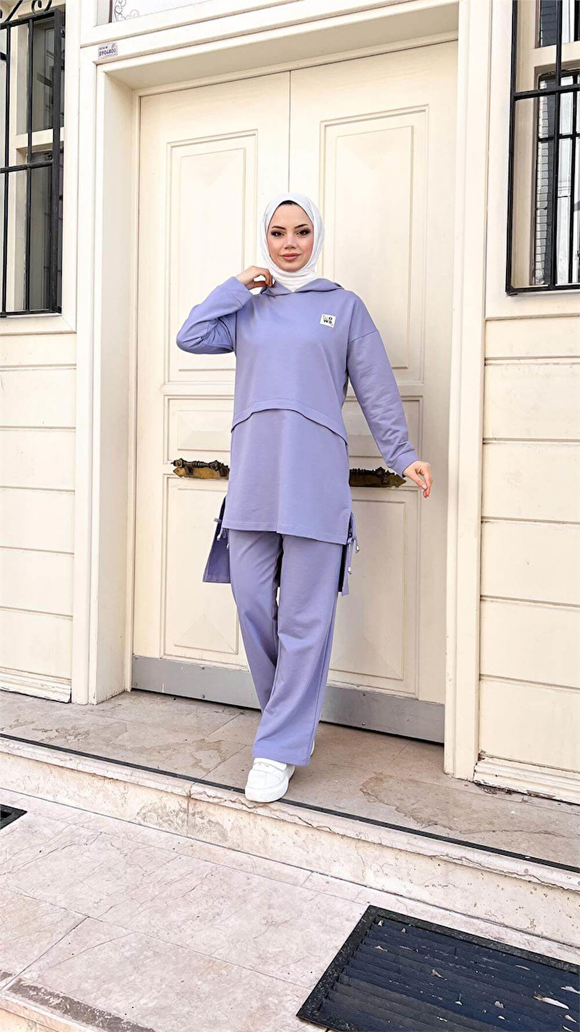 Kapşonlu Yırtmacı Bağcık Detaylı Pamuklu Tesettür Eşofman Takımı - 71168.019 - Lila