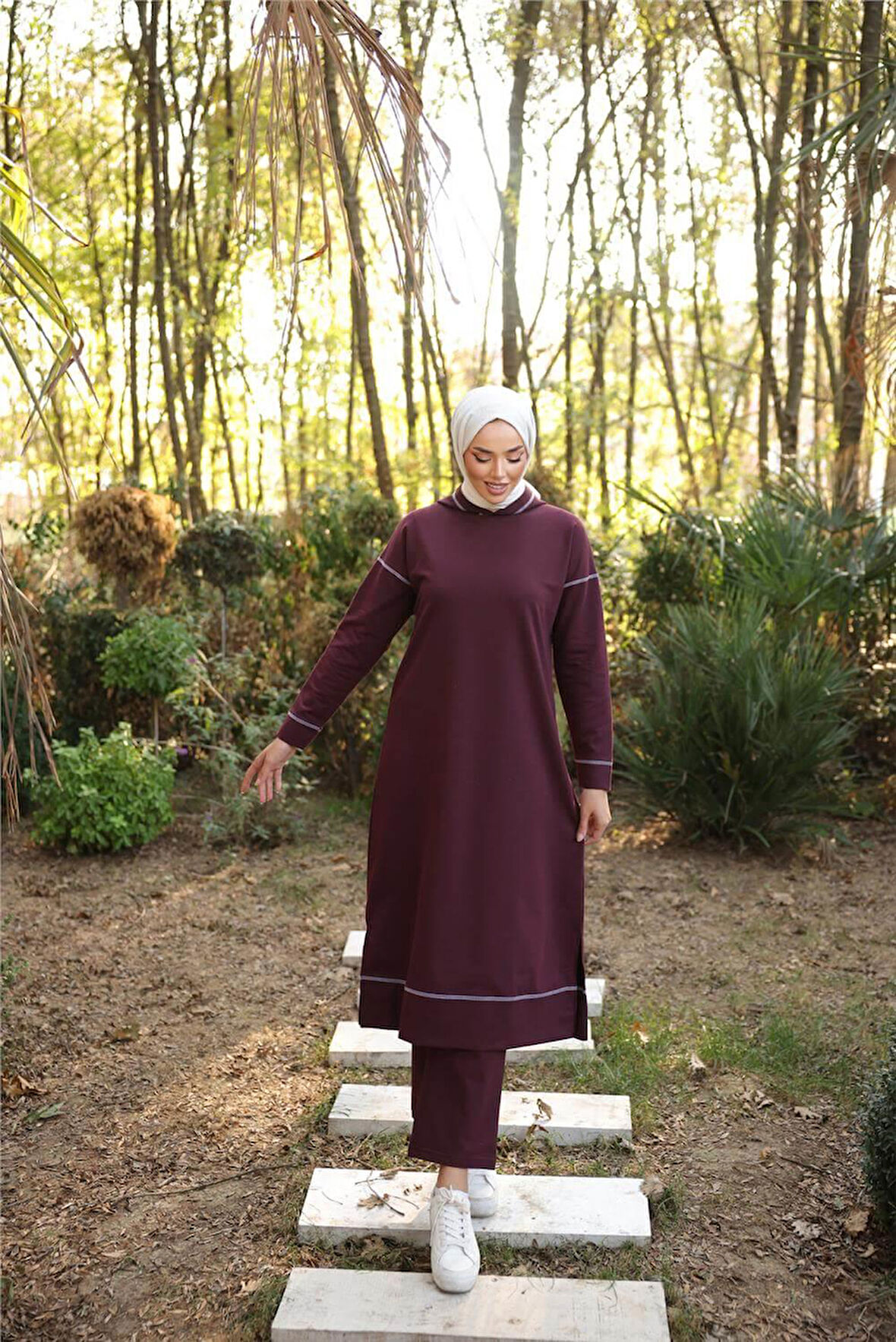 Kapşonlu Uzun Sweat Pantolon İkili Tesettür Eşofman Takımı - 03082.020 - Mürdüm