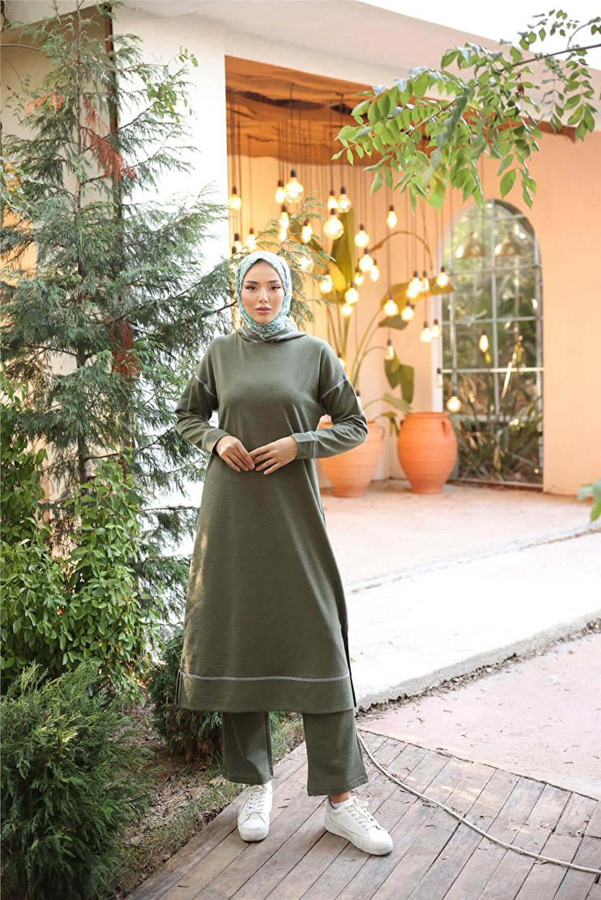 Kapşonlu Uzun Sweat Pantolon İkili Tesettür Eşofman Takımı - 03082.005 - Haki