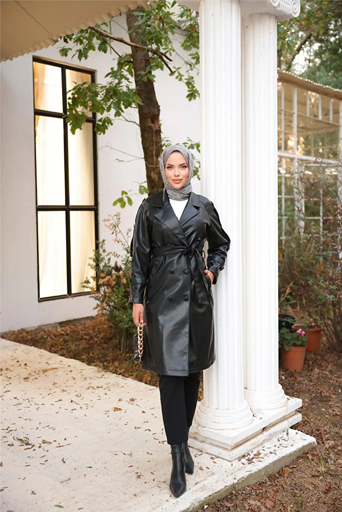 Kruvaze Yaka Cepli Belden Bağcıklı Deri Trençkot - 71212.003 - Siyah