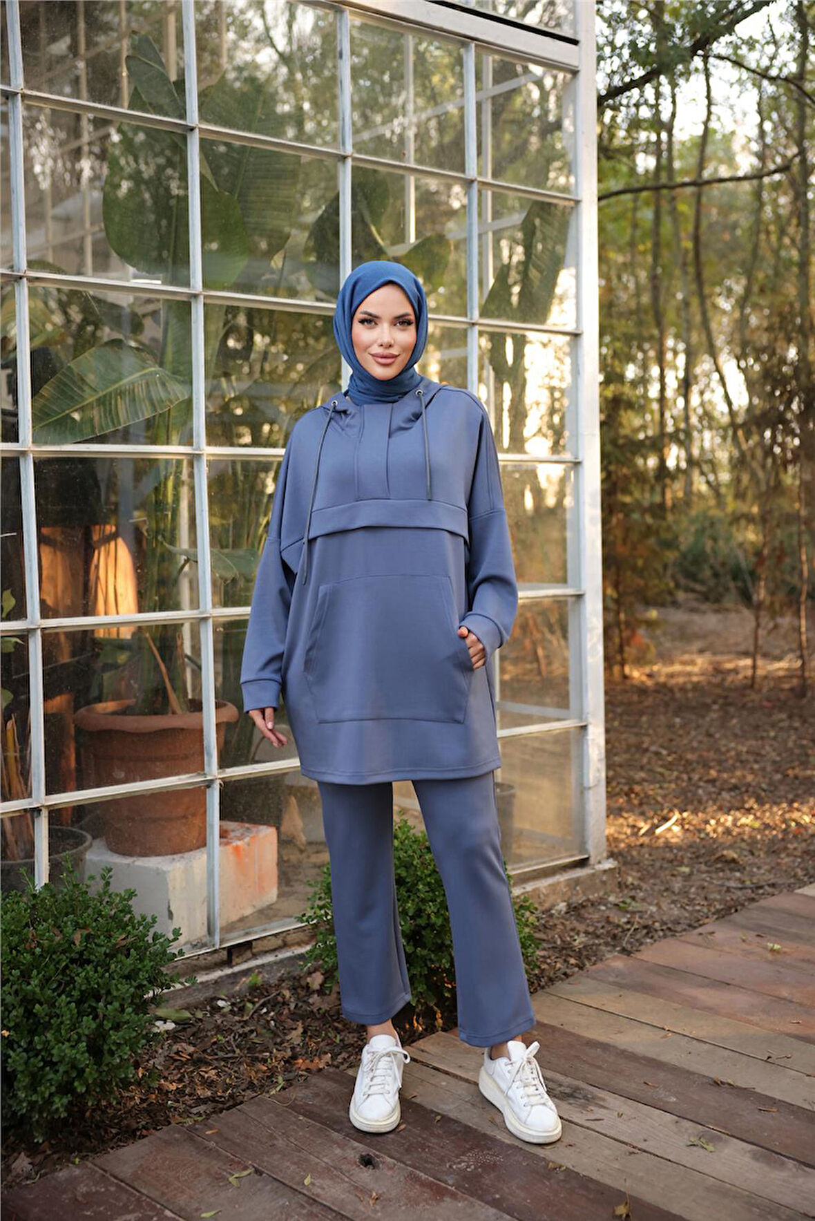 Kapşonlu Kanguru Cepli Sweat-Pantolon İkili Eşofman Spor Takımı - 71214.006 - İndigo