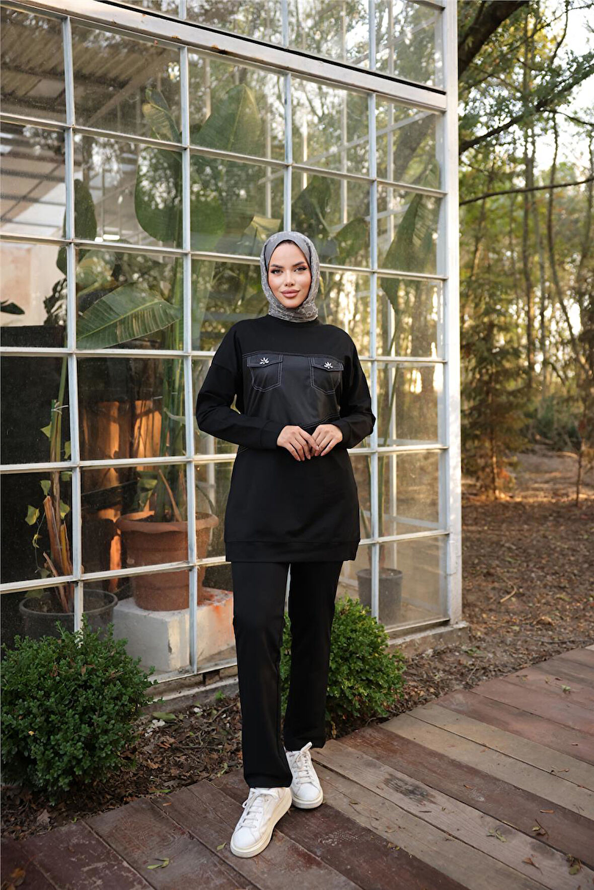 Dafne Cepli Eşofman Beli Lastikli Pantolon İkili Takım - (38-46) - 71153 - Siyah