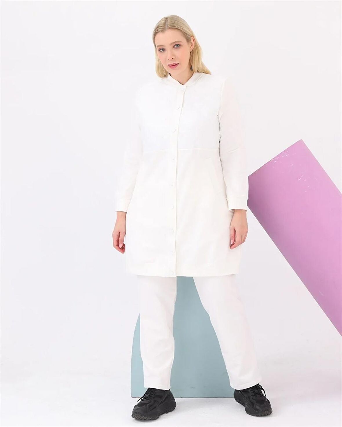 Hafsa Kapitone Detaylı Bomber Büyük Beden İkili Spor Takım - 12007 - Krem