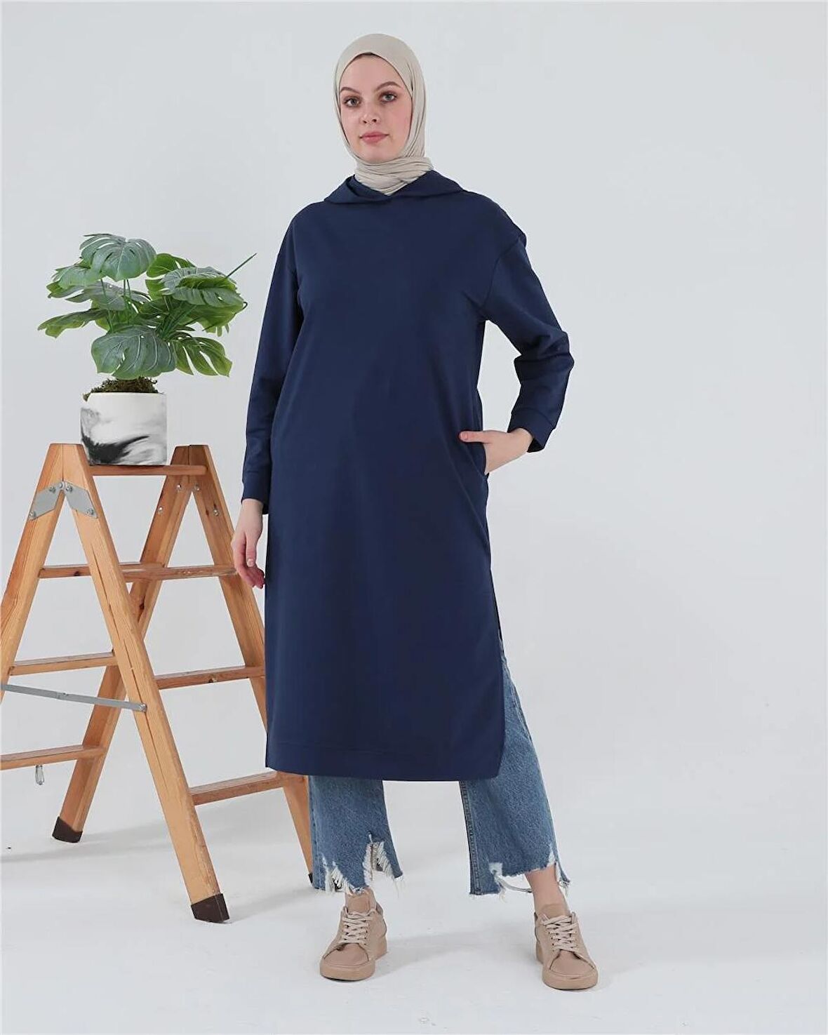 Atlas Kapşonlu Uzun Sade Basic Sweatshirt - 3007 - İndigo