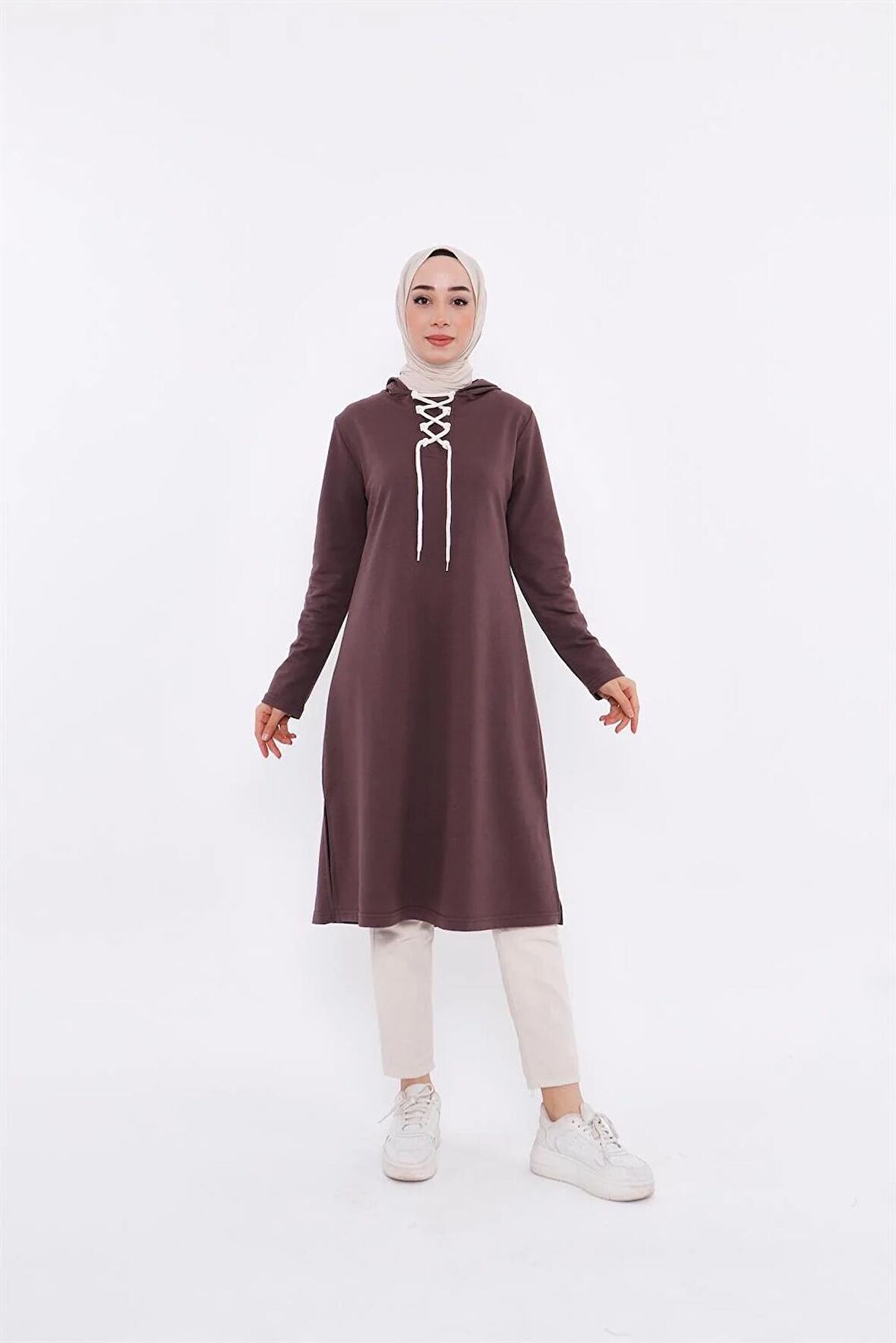 Eflin Yakadan Bağlamalı Kapşonlu Uzun Sweatshirt - 3030 - Kahverengi