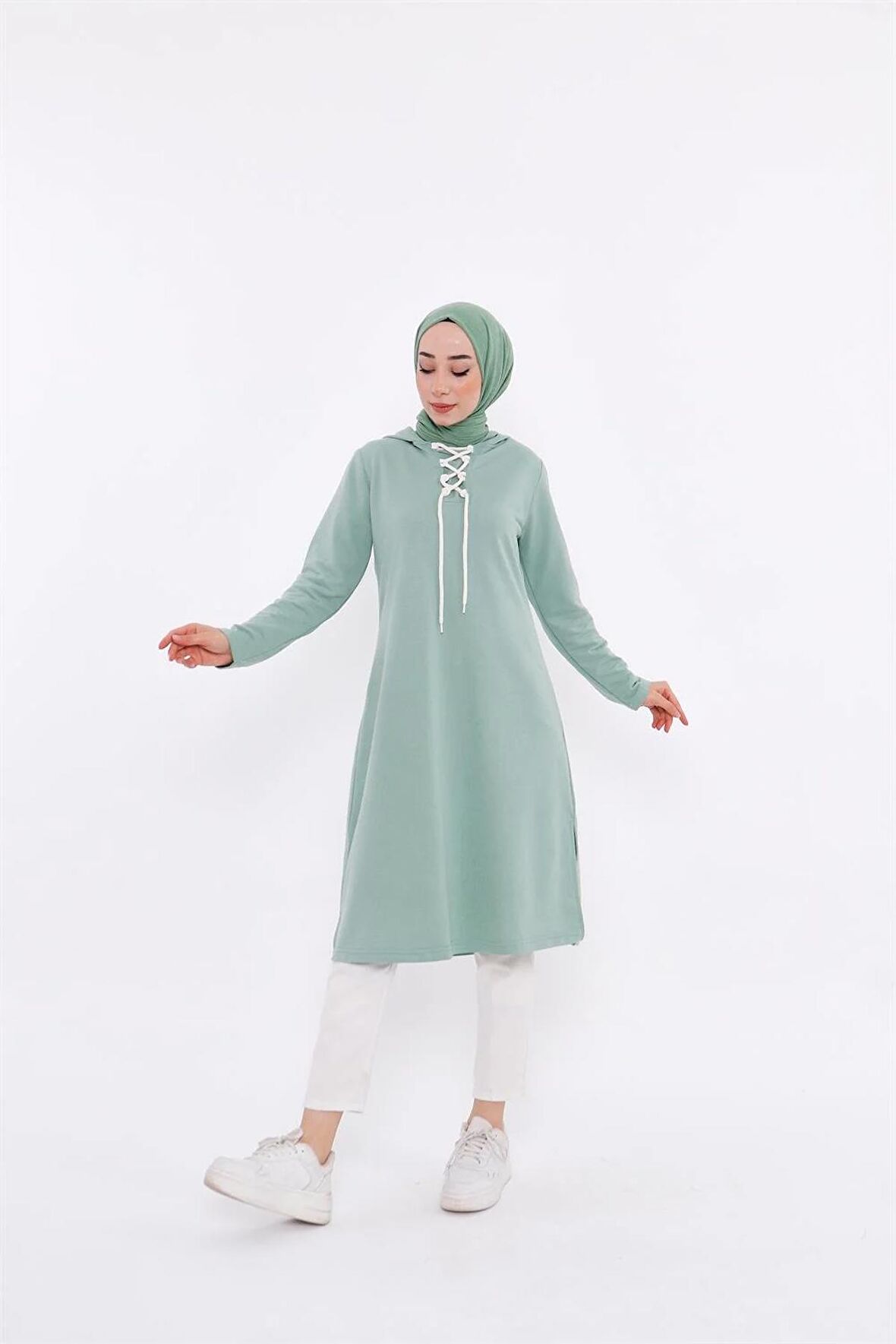 Eflin Yakadan Bağlamalı Kapşonlu Uzun Sweatshirt - 3030 - Çağla Yeşili