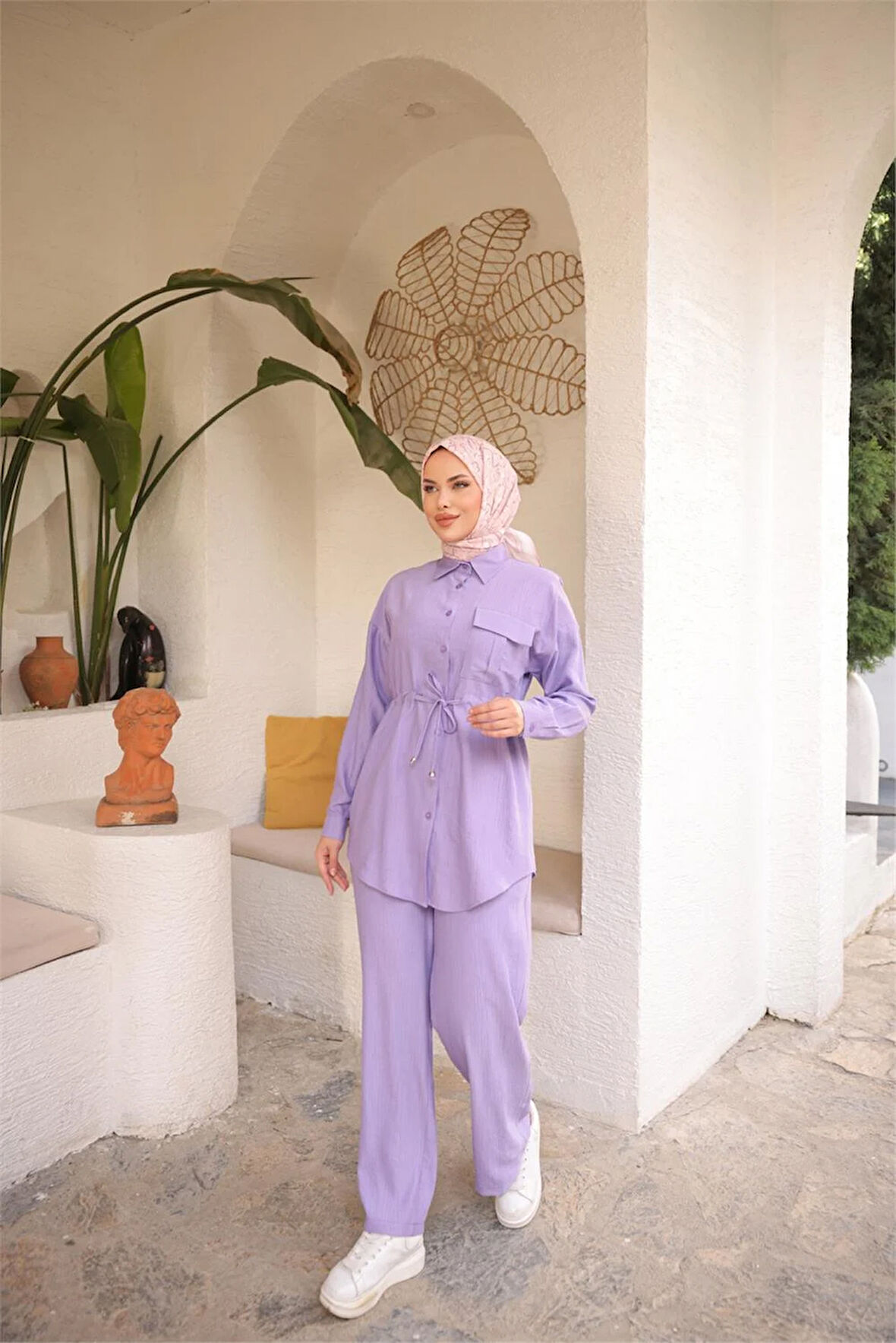 Belden Bağcıklı Tek Cepli Gömlek İkili Tesettür Eşofman Takımı - (38-46) - 71283 - Lila