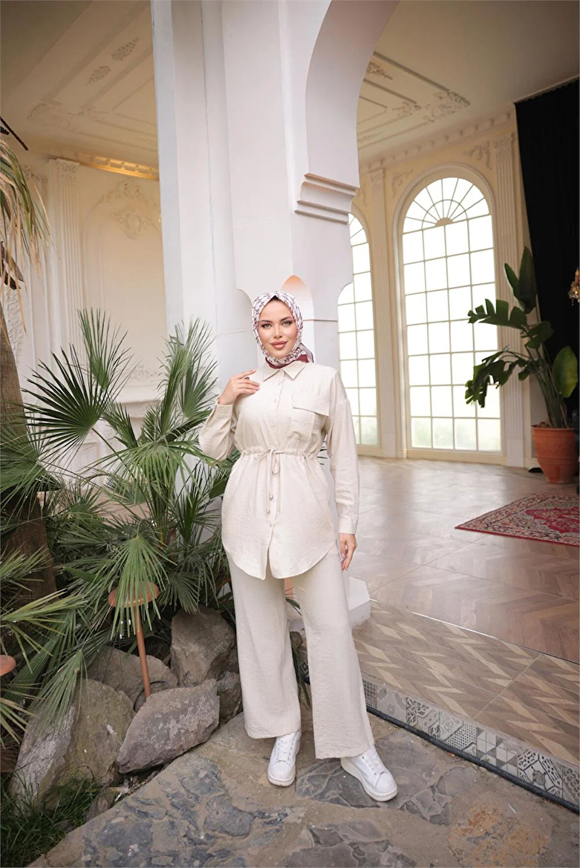 Belden Bağcıklı Tek Cepli Gömlek İkili Tesettür Eşofman Takımı - (38-46) - 71283 - Bej