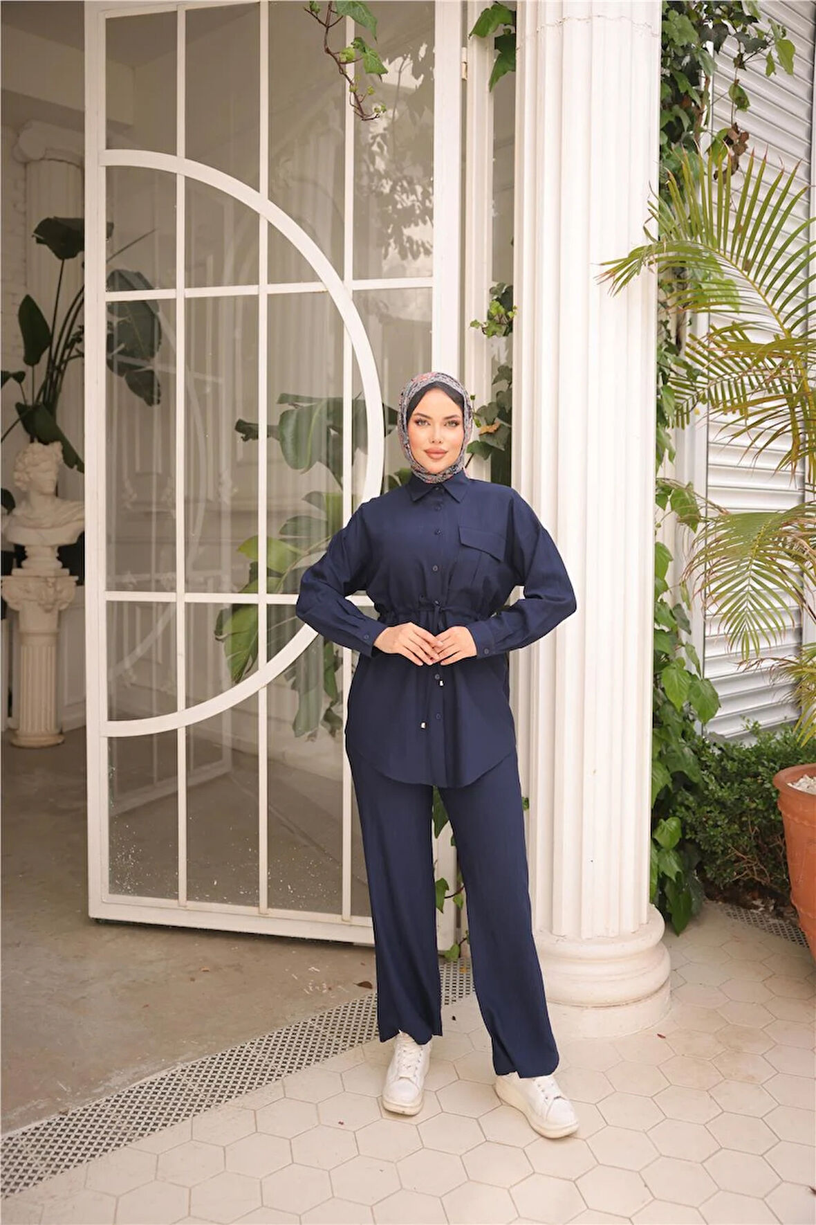 Belden Bağcıklı Tek Cepli Gömlek İkili Tesettür Eşofman Takımı - (38-46) - 71283 - Lacivert