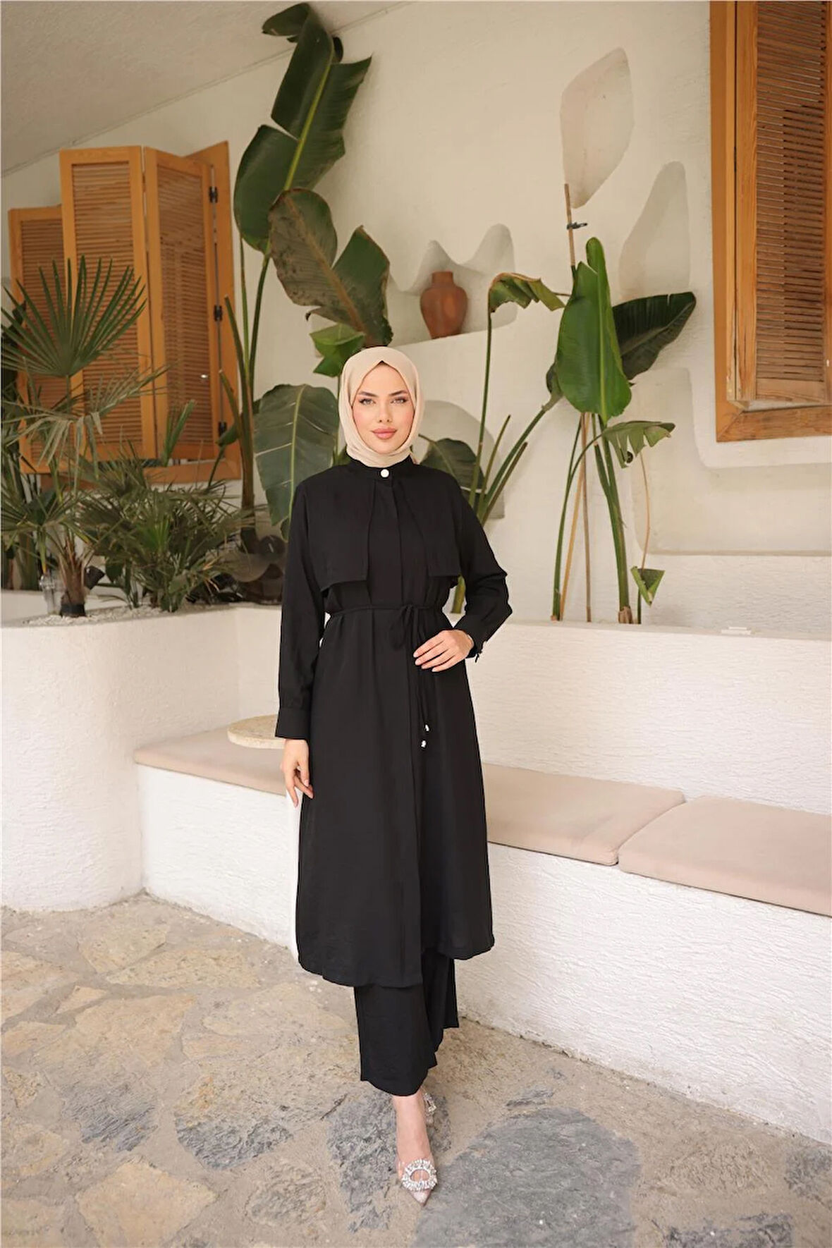 Belden Bağcıklı Kısa Yelek Detaylı Elbise  İkili Tesettür Eşofman Takımı - (38-46) - 71284 - Siyah