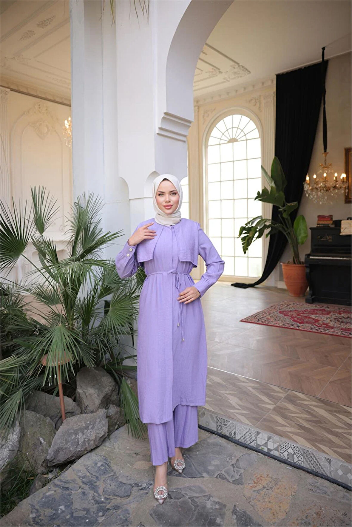 Belden Bağcıklı Kısa Yelek Detaylı Elbise  İkili Tesettür Eşofman Takımı - (38-46) - 71284 - Lila