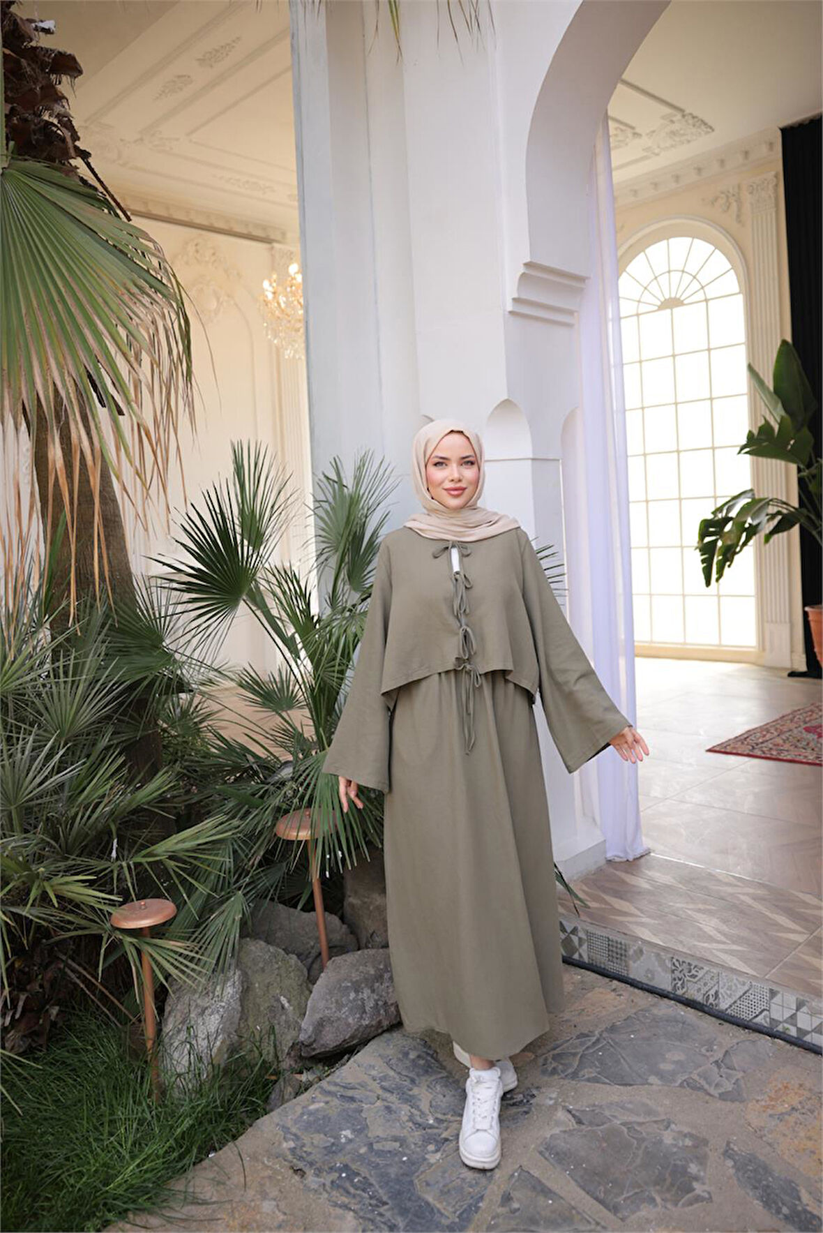 Bağcık Düğmeli Kıs aRahat Kesim Tunik - Cepli Etek Takımı - (38-46) - 71285 - Haki