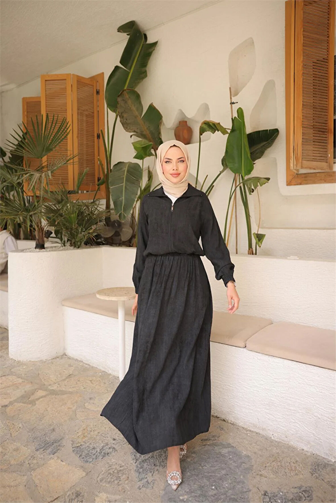 Fermuarlı Gömlek Yaka Kısa Rahat Kap - Cepli Etek Takımı - (38-46) - 71288 - Siyah