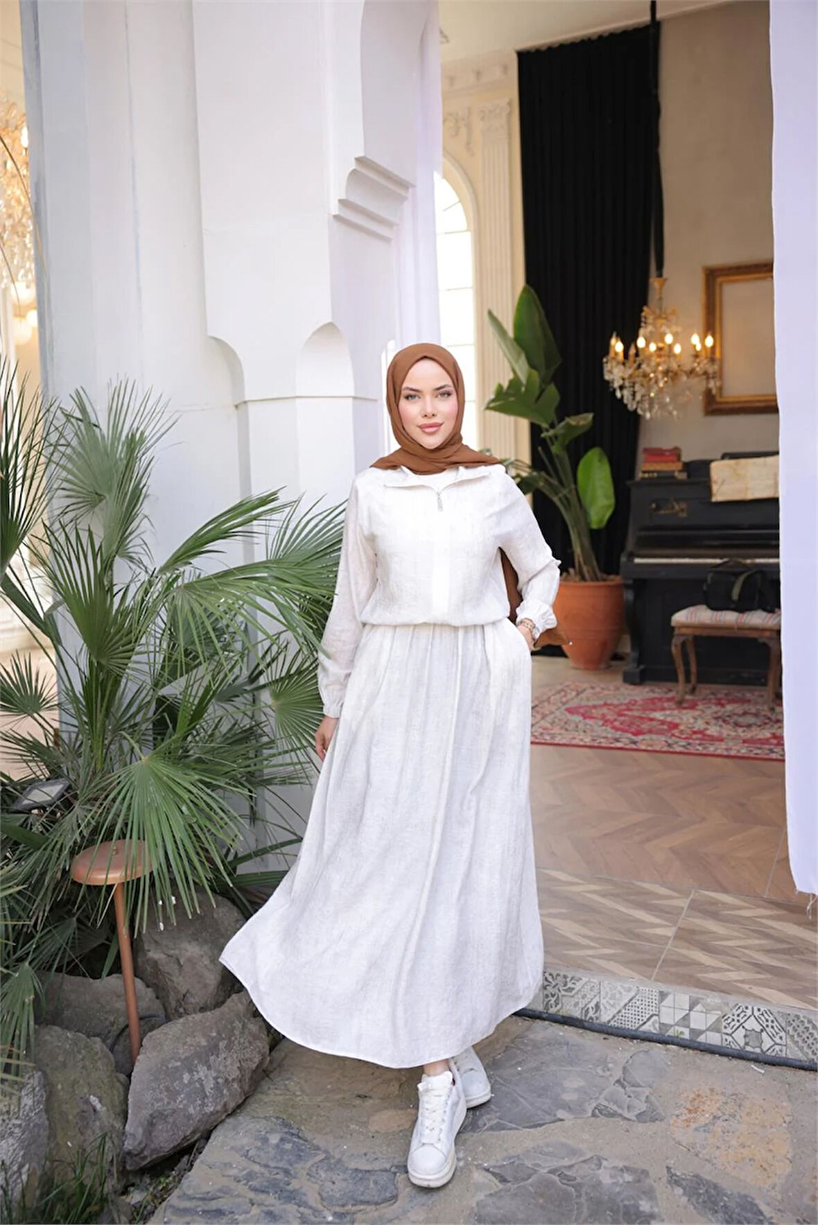 Fermuarlı Gömlek Yaka Kısa Rahat Kap - Cepli Etek Takımı - (38-46) - 71288 - Krem