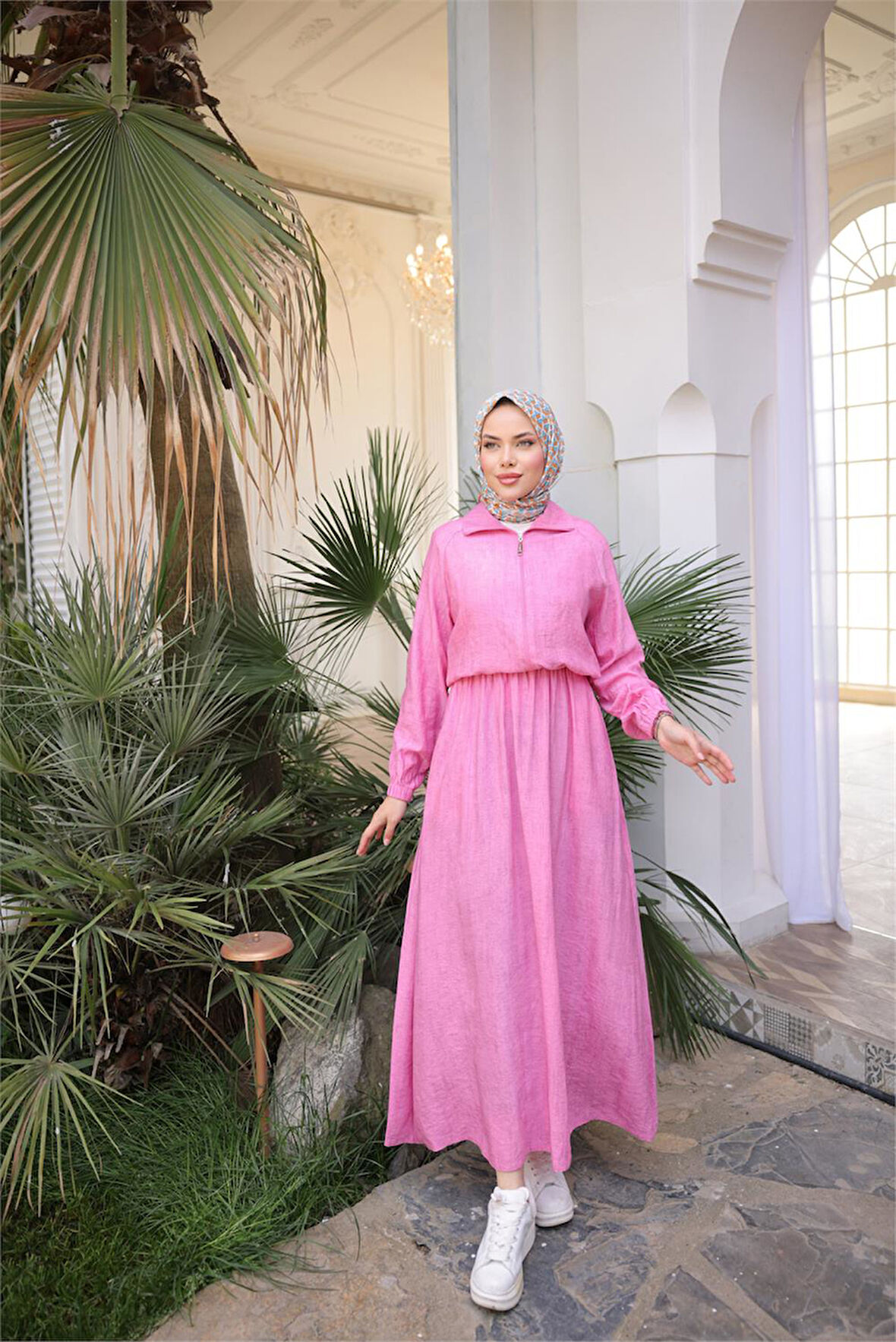 Fermuarlı Gömlek Yaka Kısa Rahat Kap - Cepli Etek Takımı - (38-46) - 71288 - Fuşya