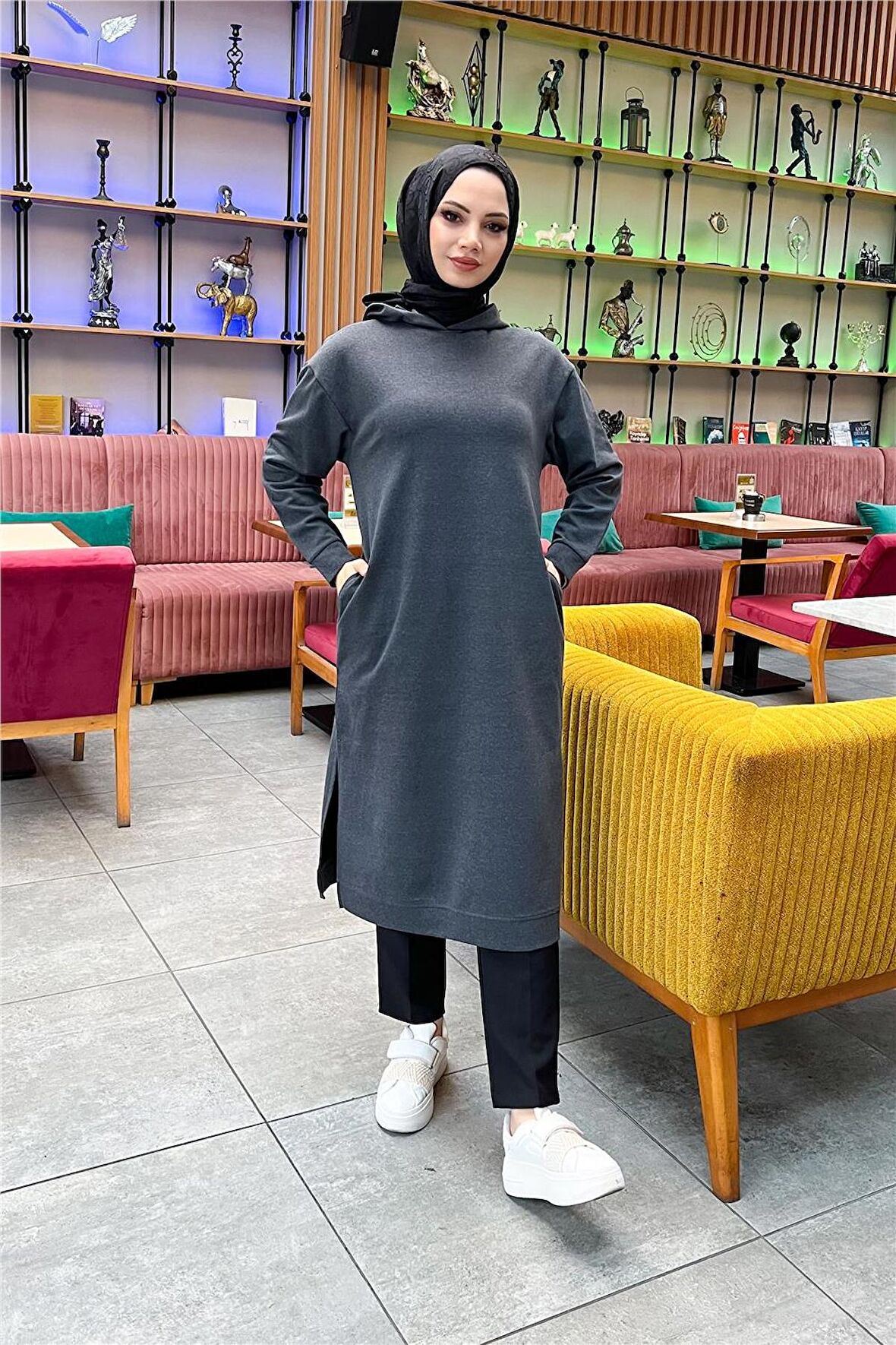 Atlas Kapşonlu Uzun Sade Basic Sweatshirt - 3007 - Antrasit