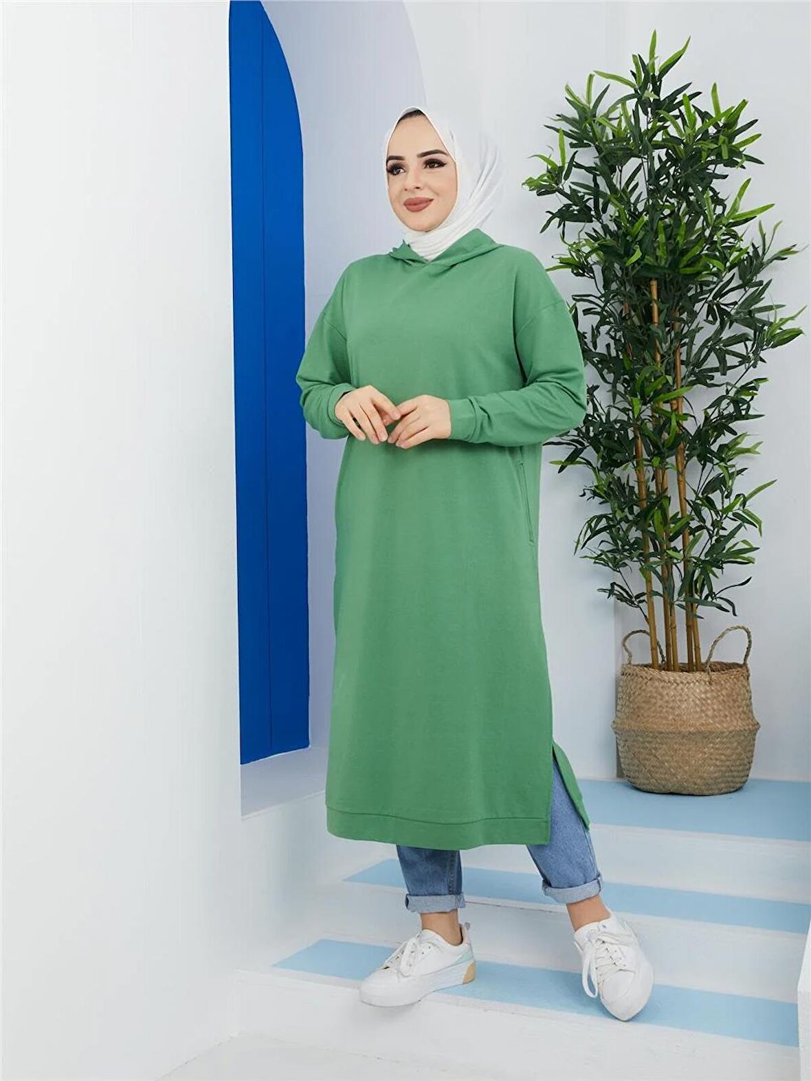 Atlas Kapşonlu Uzun Sade Basic Sweatshirt - 3007 - Fıstık Yeşili