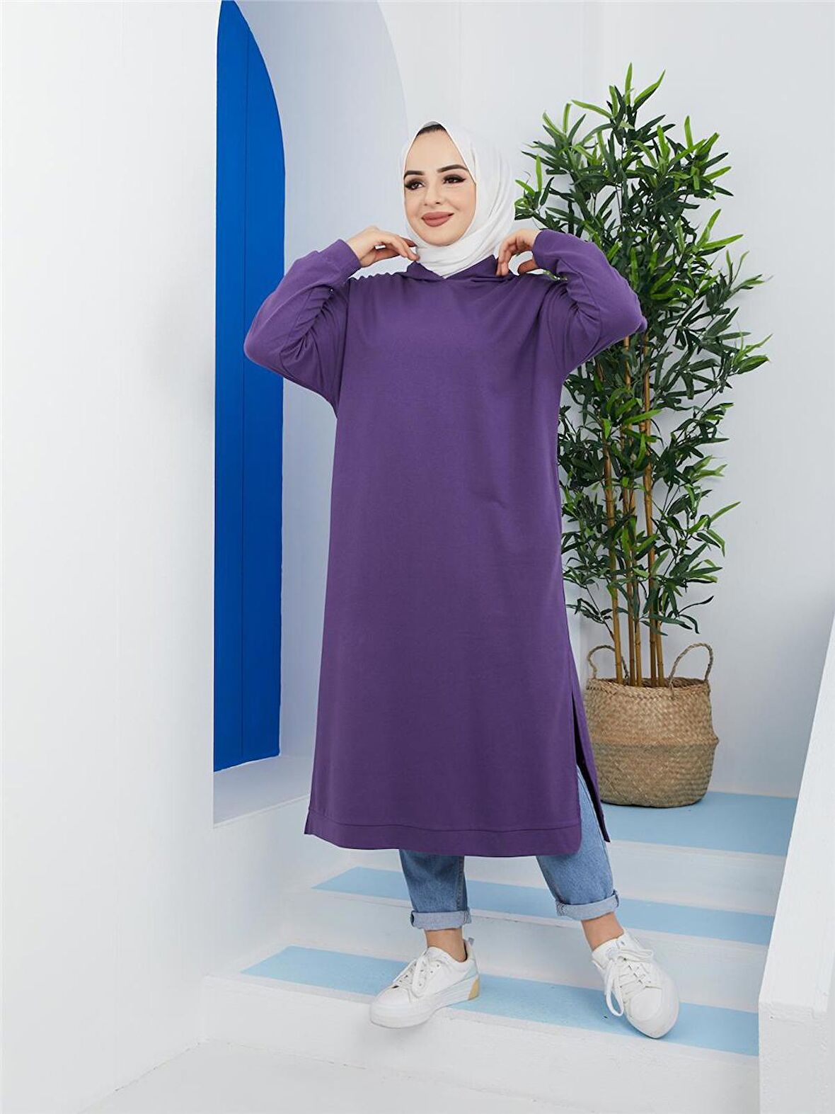 Atlas Kapşonlu Uzun Sade Basic Sweatshirt - 3007 - Mor