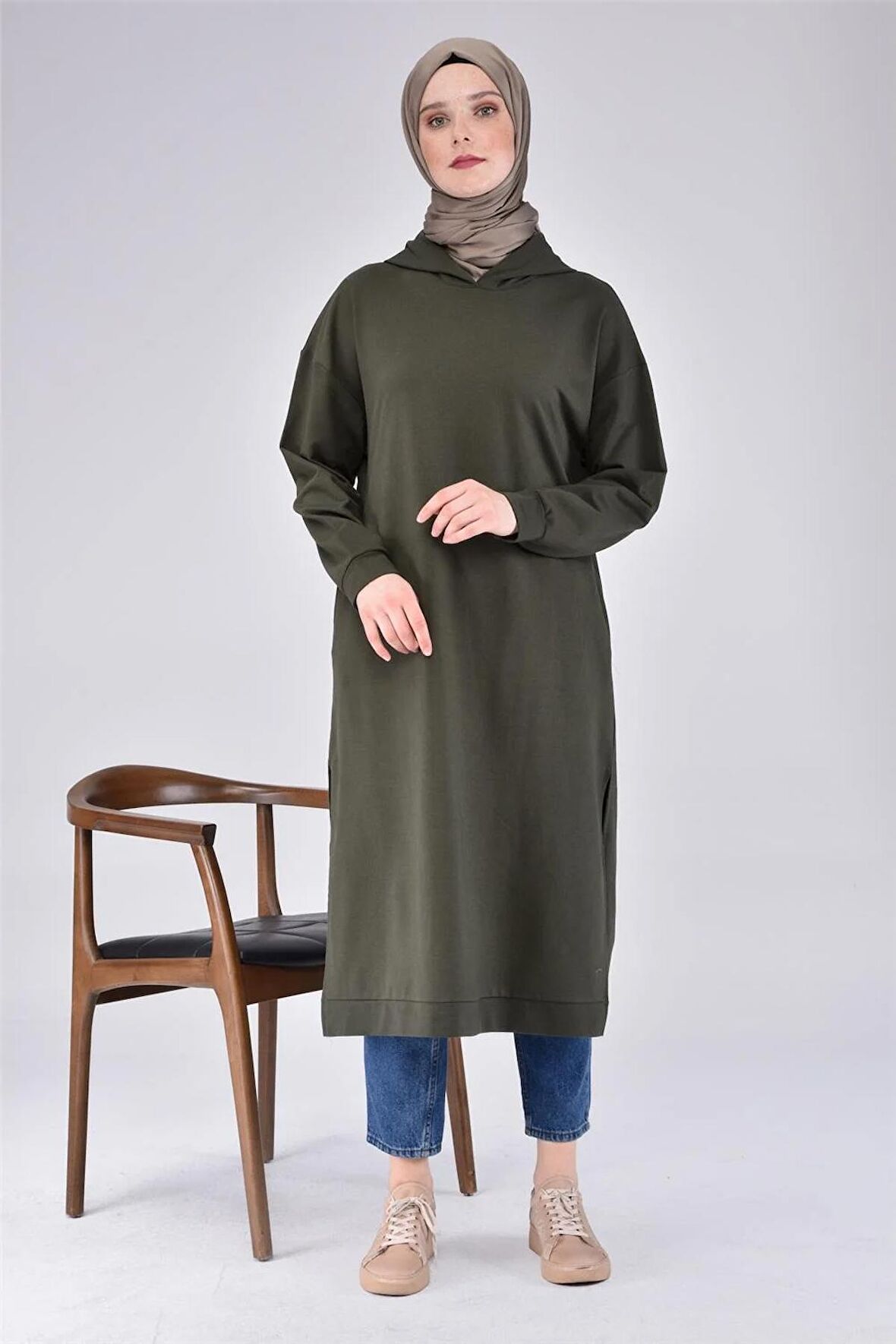 Atlas Kapşonlu Uzun Sade Basic Sweatshirt - 3007 - Haki