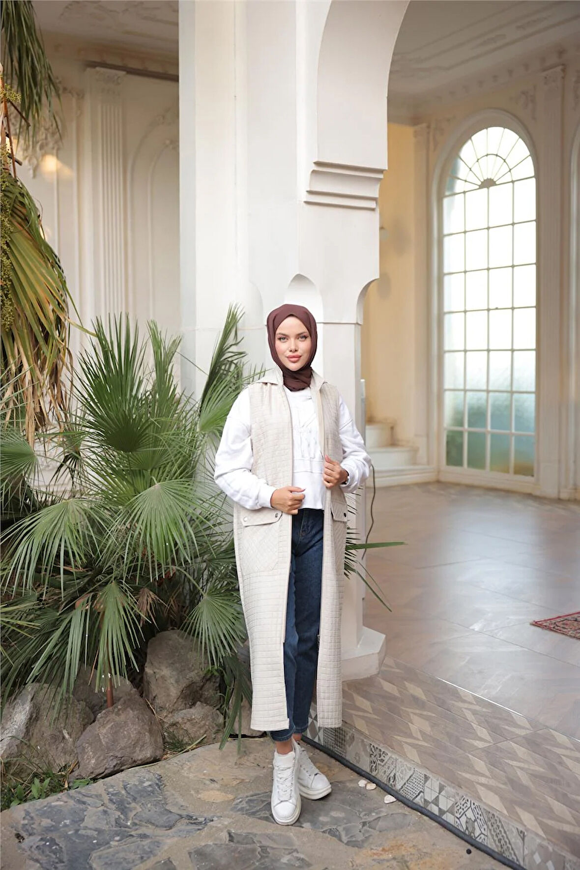 Kapşonlu Fermuarlı Cepli Kolsuz Önden Cepli Kapitone Uzun Yelek - (38-46) - 71309 - Bej