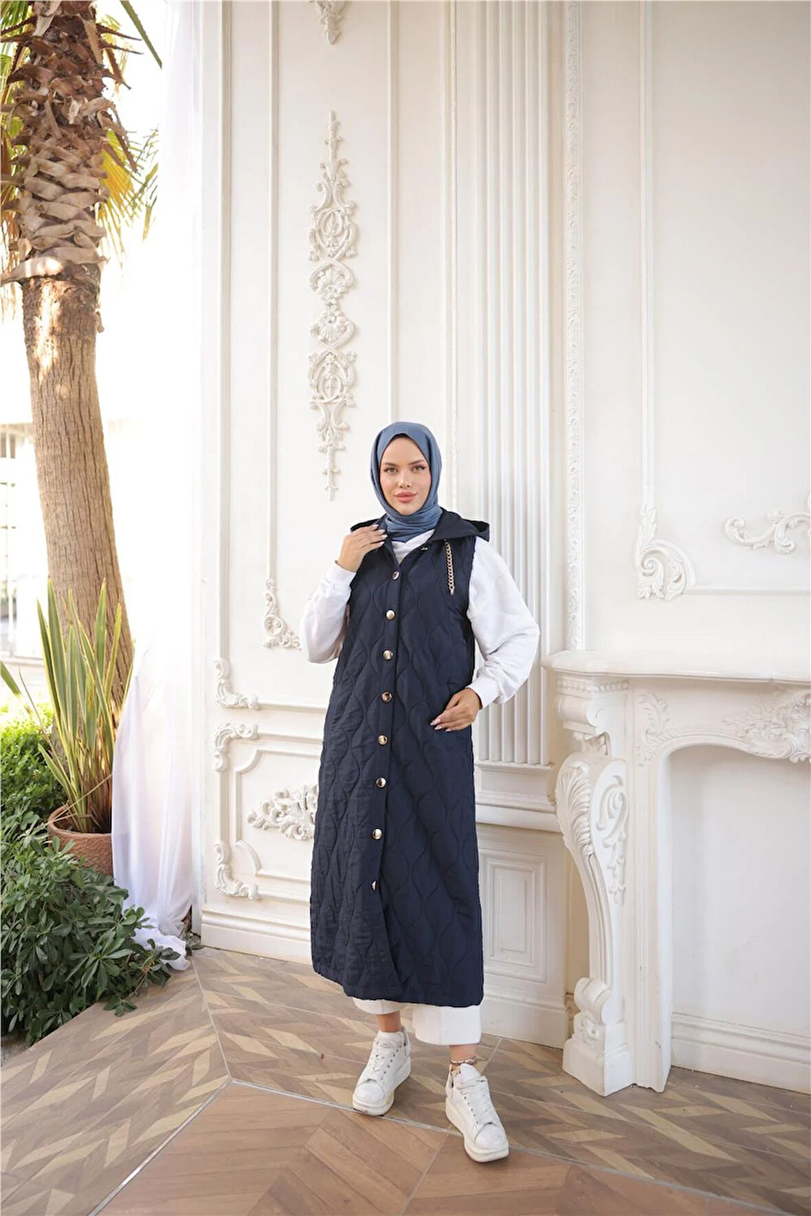 Kapşonlu Çıtçıtlı Kolsuz Cepli Uzun Kapitone Yelek - (38-46) - 71306 - Lacivert