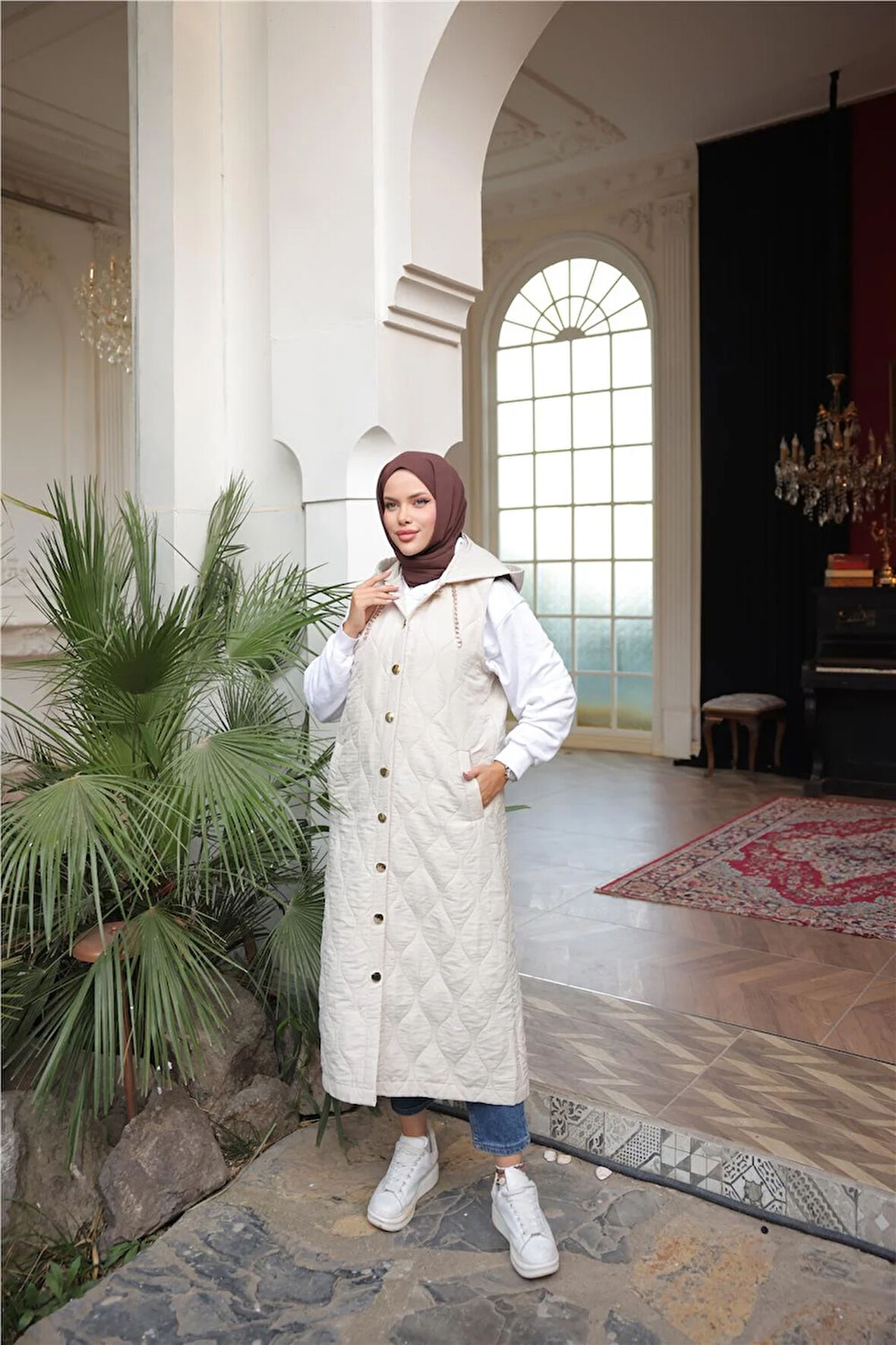 Kapşonlu Çıtçıtlı Kolsuz Cepli Uzun Kapitone Yelek - (38-46) - 71306 - Bej