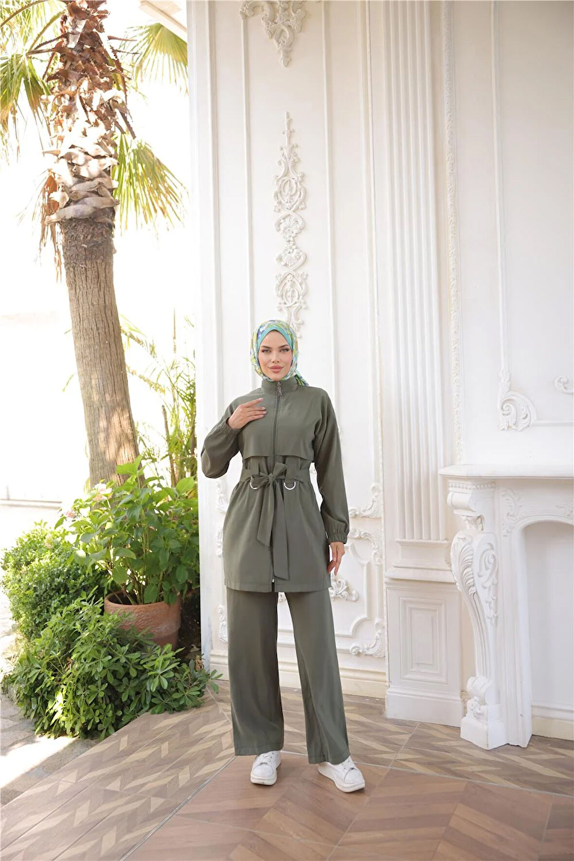 Balıkçı Yaka Belden Bağcıklı Fermuarlı İkili Tesettür Eşofman Takımı - (38-46) - 71301 - Haki