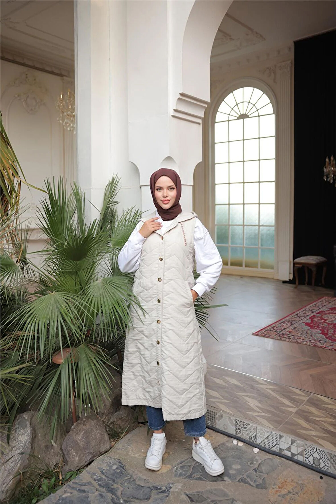 Kapşonlu Çıtçıtlı Kolsuz Cepli Kapitone Uzun Yelek - (38-46) - 71310 - Bej