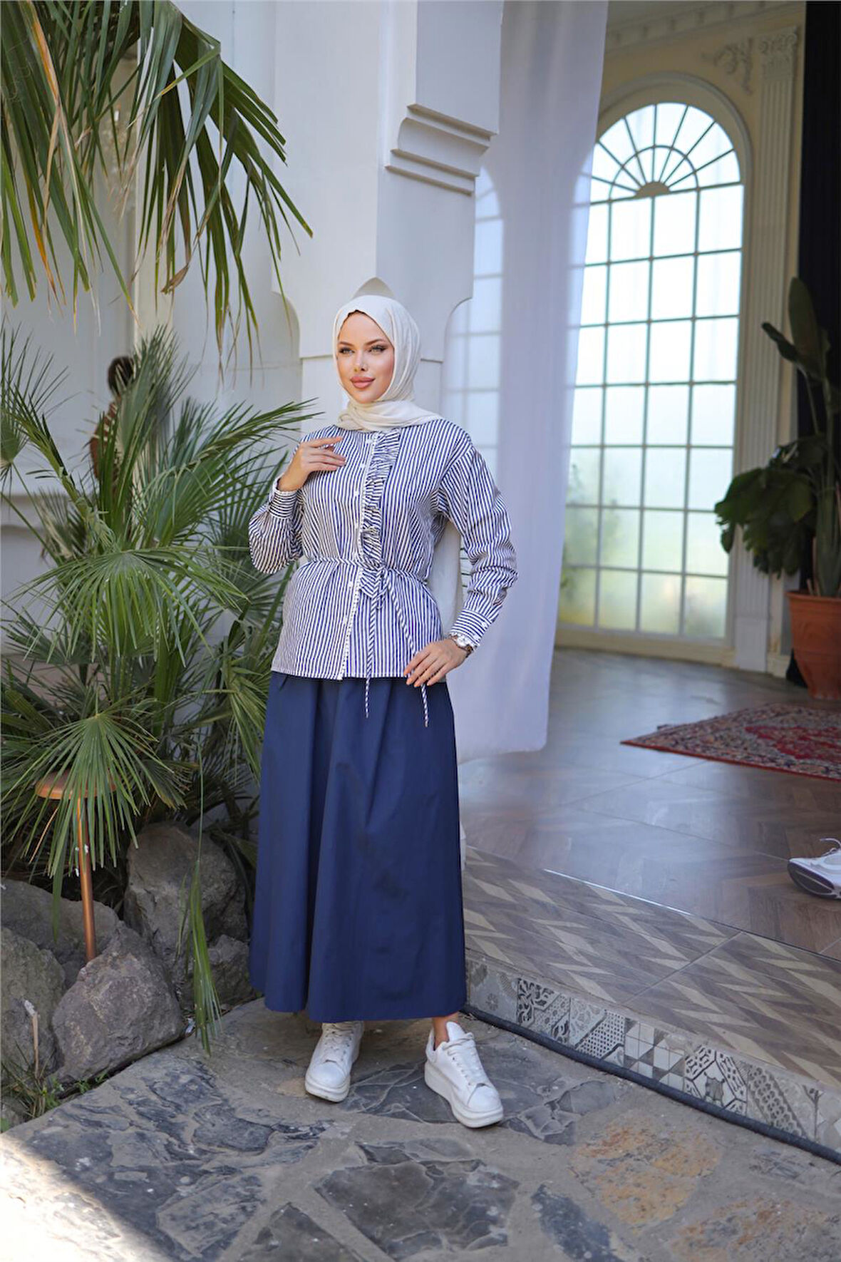 Belden Bağcıklı Fırfır Detalı Gömlek - Etek Takımı - (38-46) - 71303 - Lacivert