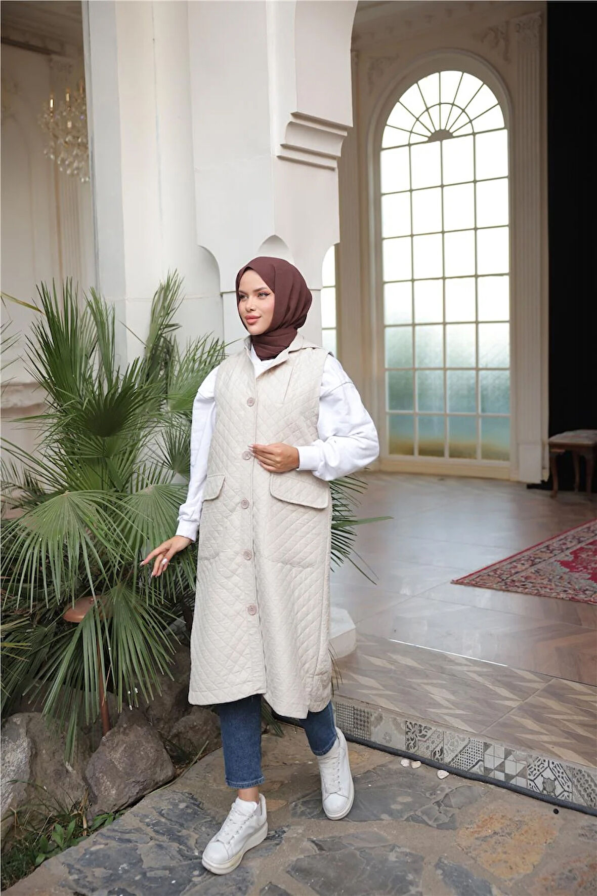 Kapşonlu Düğmeli Kolsuz Cepli Kapitone Uzun Yelek - (38-46) - 71308 - Bej