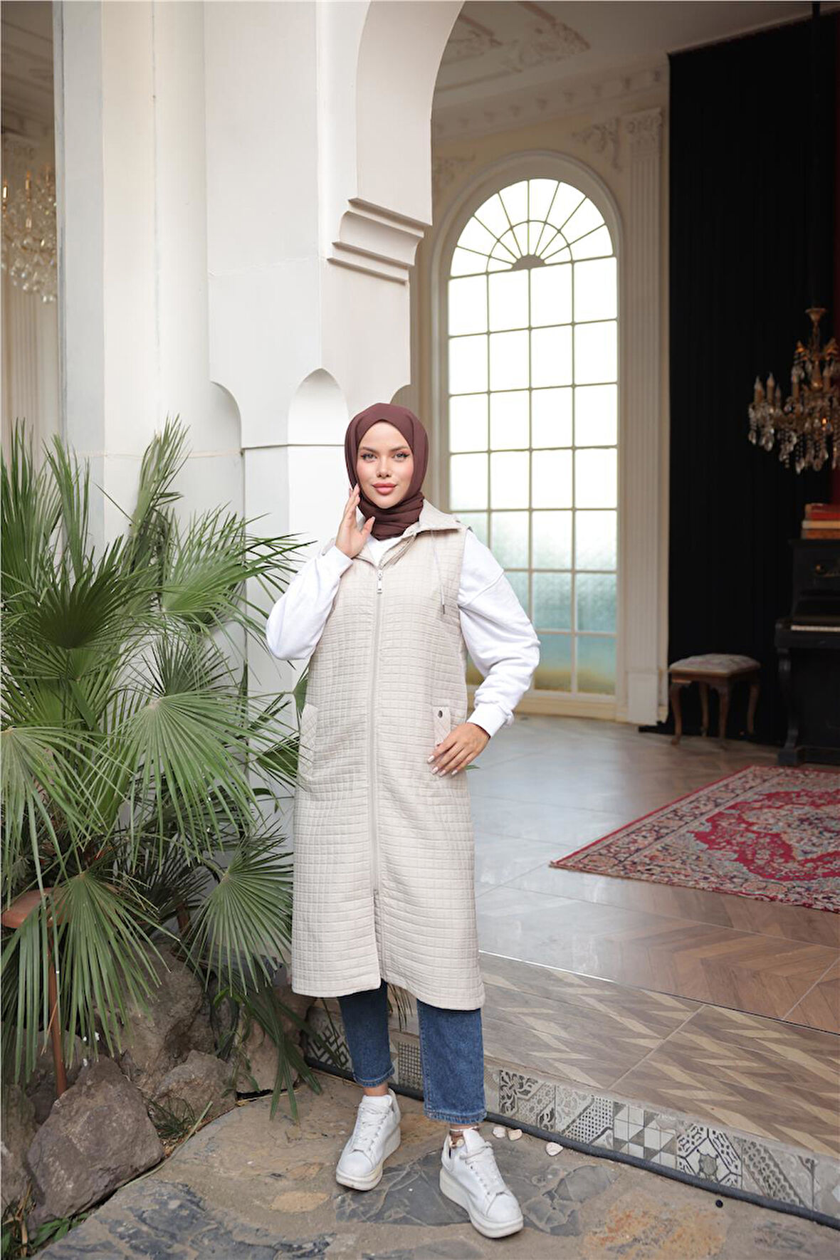 Kapşonlu Fermuarlı Kolsuz Yandan Cepli Kapitone Yelek - (38-46) - 71311 - Bej