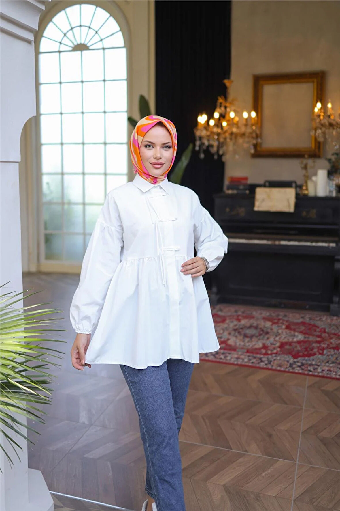 Kolları Lastikli Belden Büzgülü Bağcık Düğmeli Gömlek - (38-46) - 71302 - Ekru