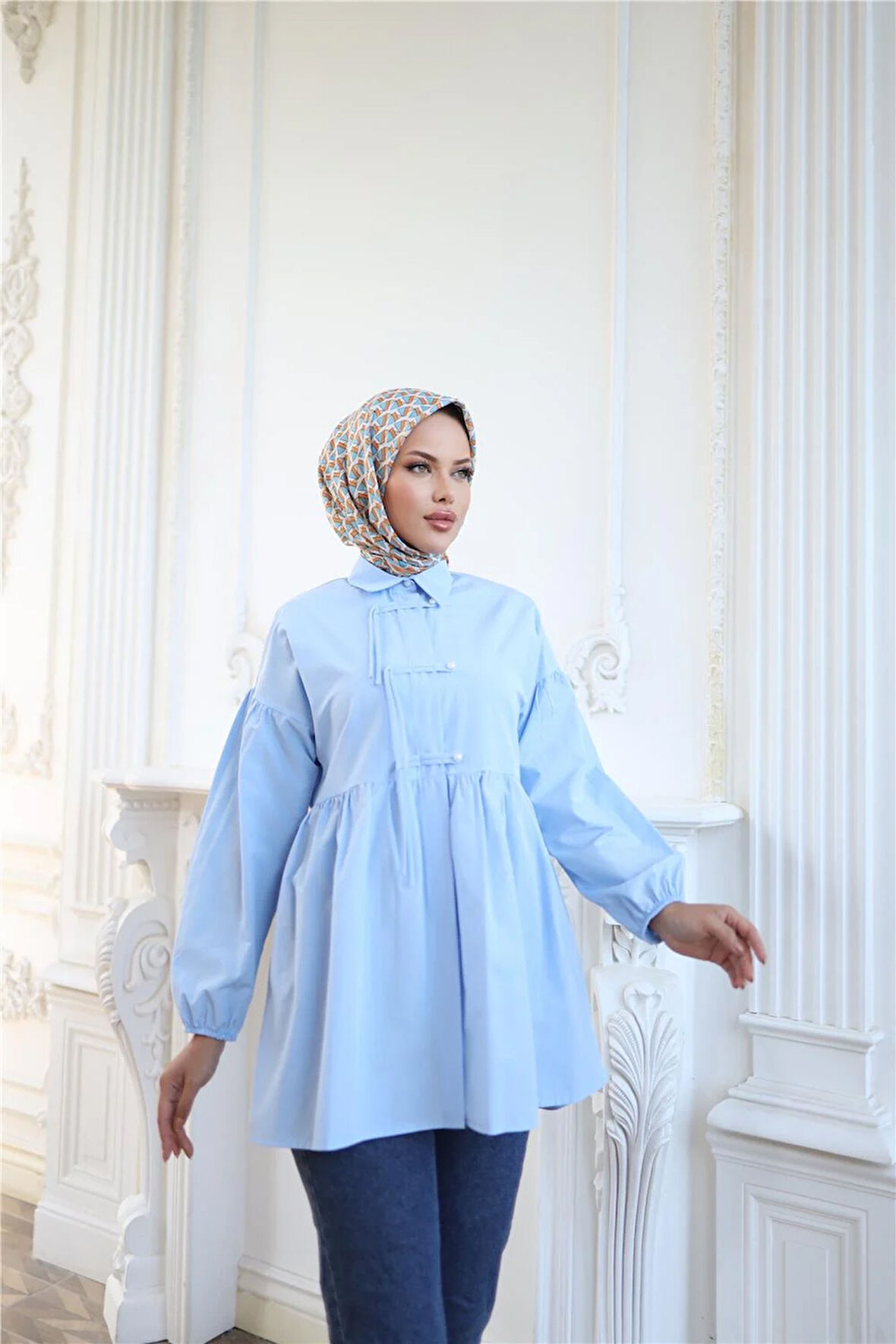 Kolları Lastikli Belden Büzgülü Bağcık Düğmeli Gömlek - (38-46) - 71302 - Mavi