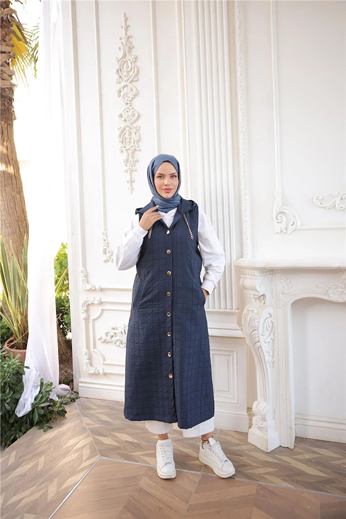 Kapşonlu Çıtçıtlı Kolsuz Cepli Uzun Kapitone Yelek - (38-46) - 71195 - Lacivert