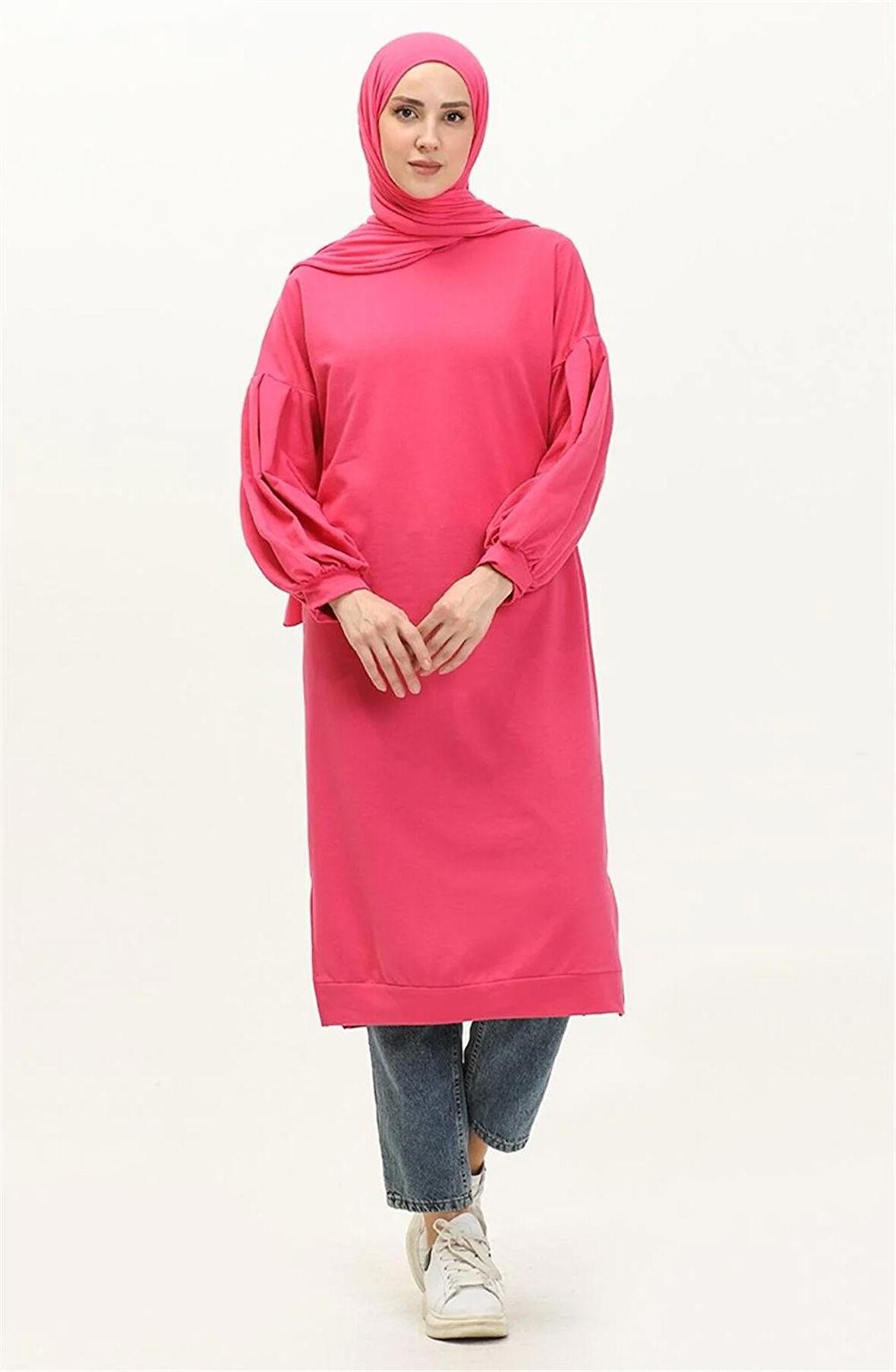 Hira Balon Kol Midi Boy Sade Basic Sweatshirt - 3031 - Fuşya