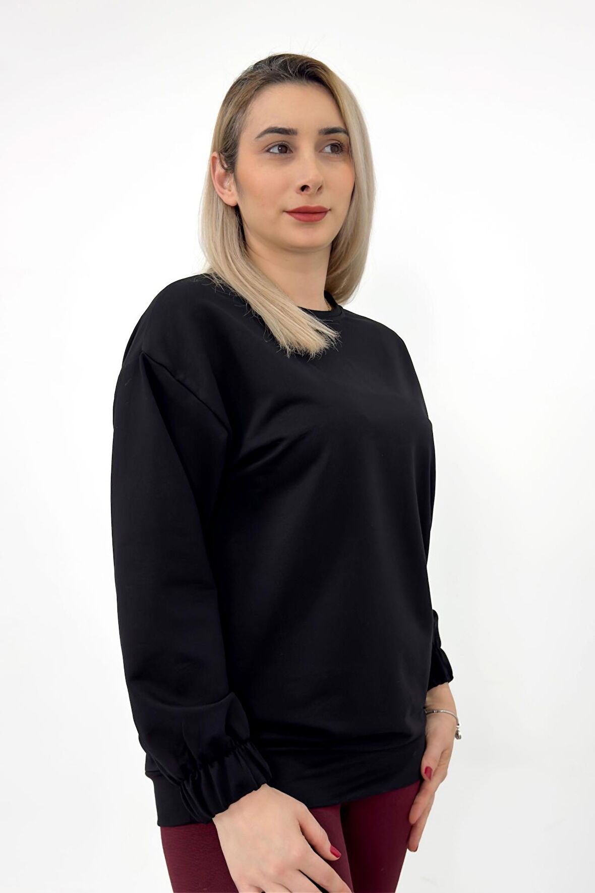 Siyah Düz Basic Kolu Lastikli Sweatshirt Siyah