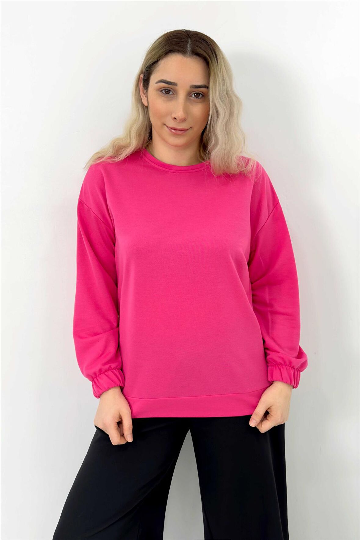 Fuşya Düz Basic Kolu Lastikli Sweatshirt Fuşya