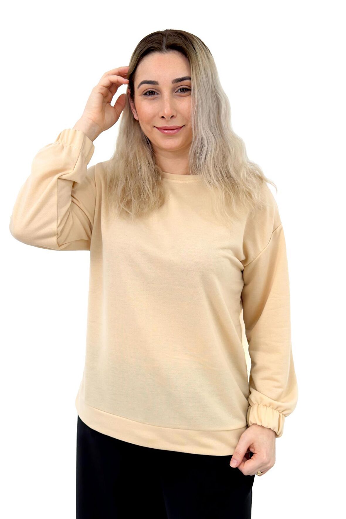 Vizon Düz Basic Kolu Lastikli Sweatshirt Vizon