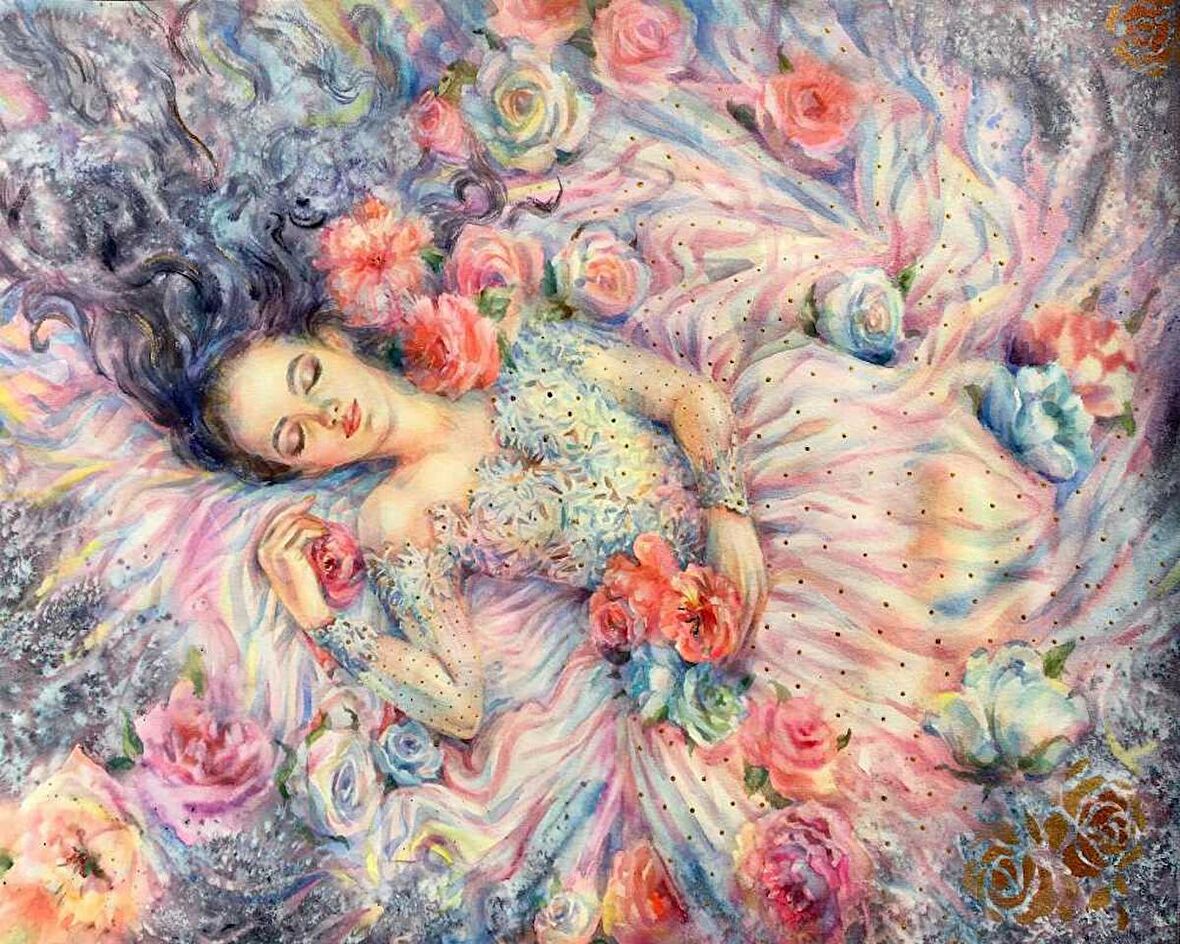 Movas Sanat Çiçekler İçinde Uyuyan Bir Kadın Elmas Mozaik Tablo / Mozaik Puzzle 50x40cm E20201128M